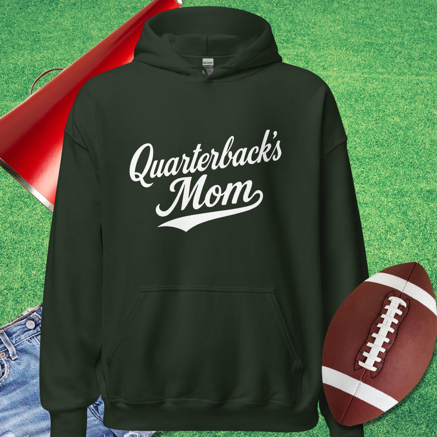 Quarterback's Mom Hoodie in Forest Green - Football Mom Christmas Gifts by Sideline Gods