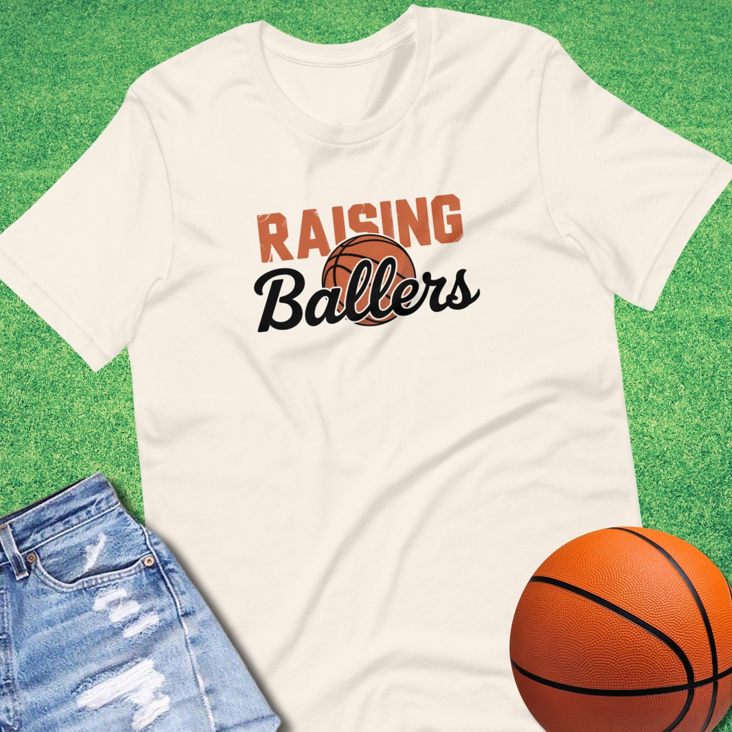 Funny basketball mom and dad shirt with Raising Ballers slogan