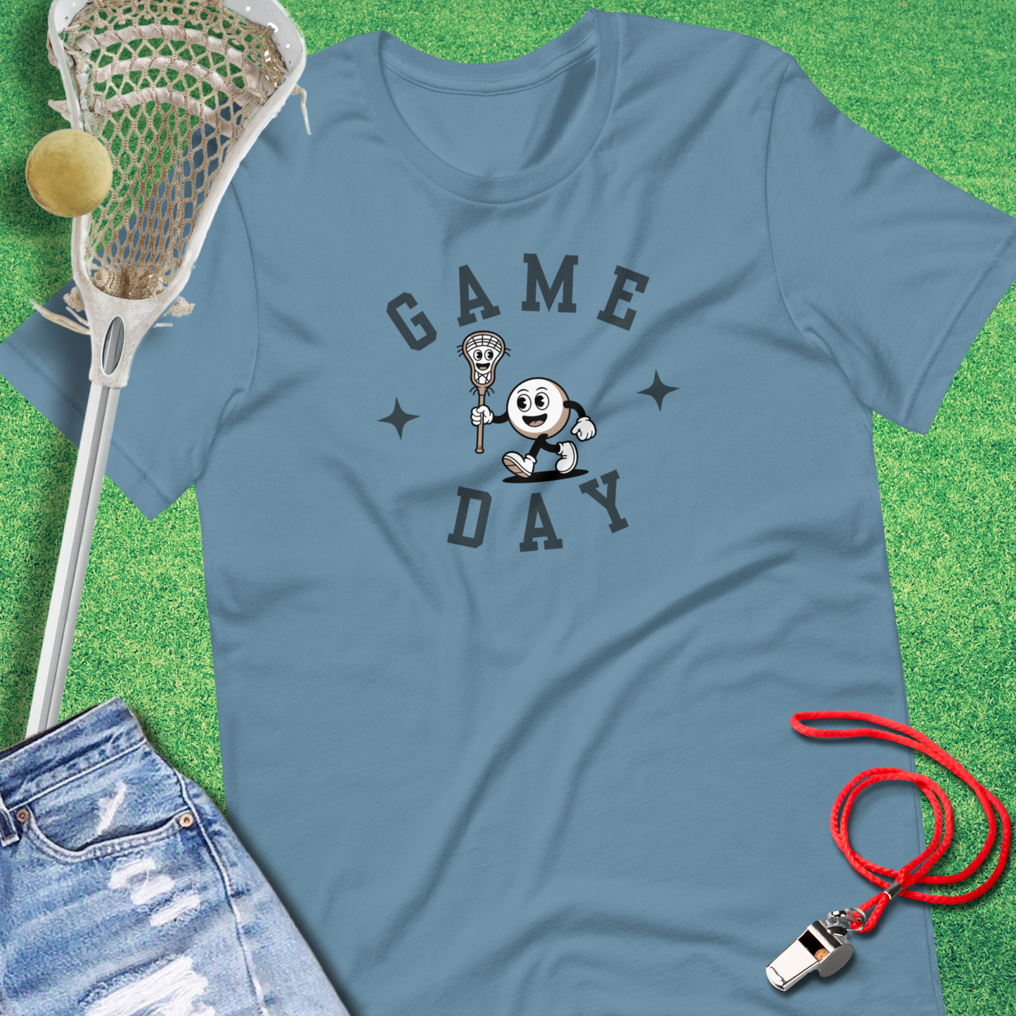 Retro Lacrosse Mascot Game Day T-Shirt in Steel Blue - Retro Lax Apparel for Players and Fans | Sideline Gods