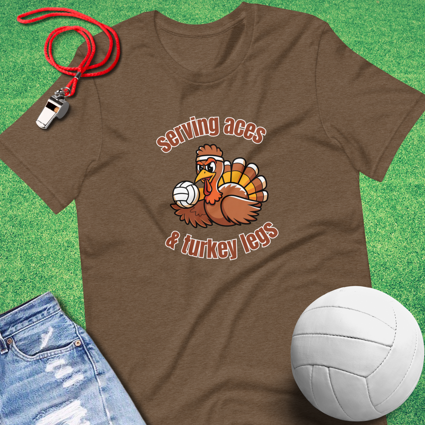 Serving Aces and Turkey Legs T-Shirt in Heather Brown - Thanksgiving Volleyball Gear | Sideline Gods