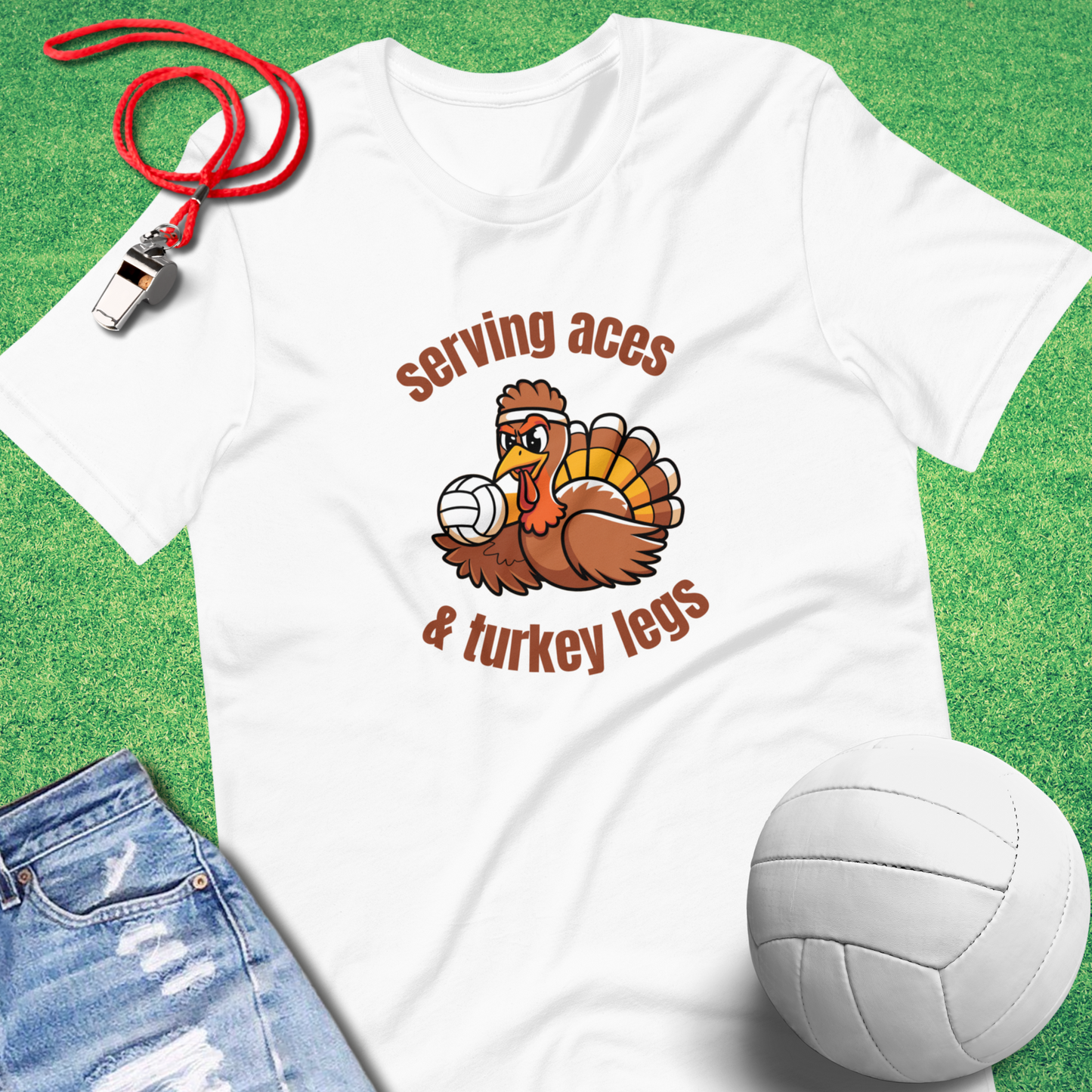 Serving Aces and Turkey Legs T-Shirt in White - Volleyball T-Shirt for Players and Fans | Sideline Gods