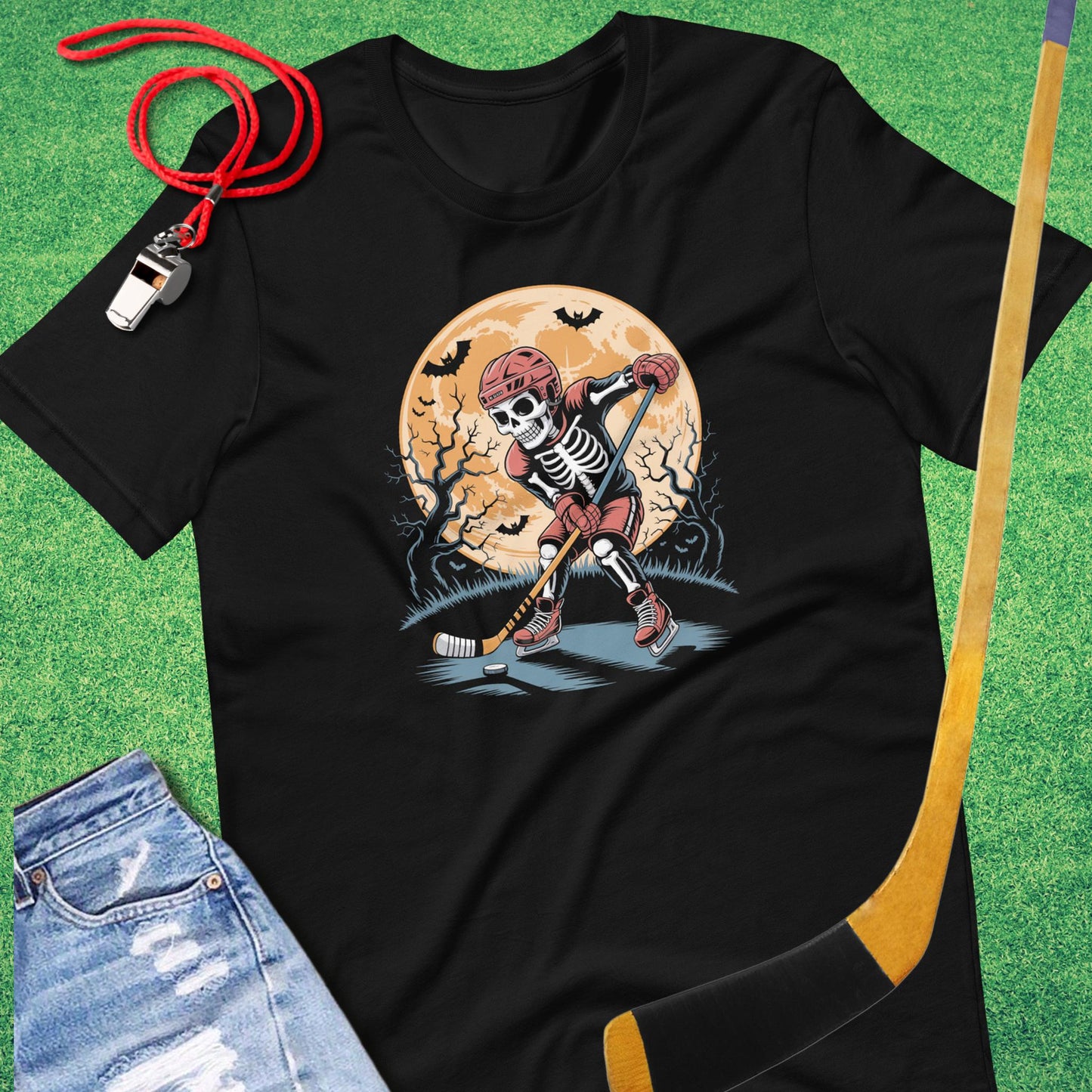 Skeleton Hockey Player by Moonlight T-Shirt in S - Halloween Ice Hockey T-Shirt | Sideline Gods
