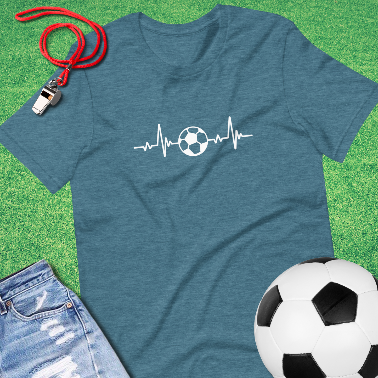 Soccer Heartbeat T-Shirt in Heather Deep Teal - Indoor Soccer Apparel for Players and Fans | Sideline Gods