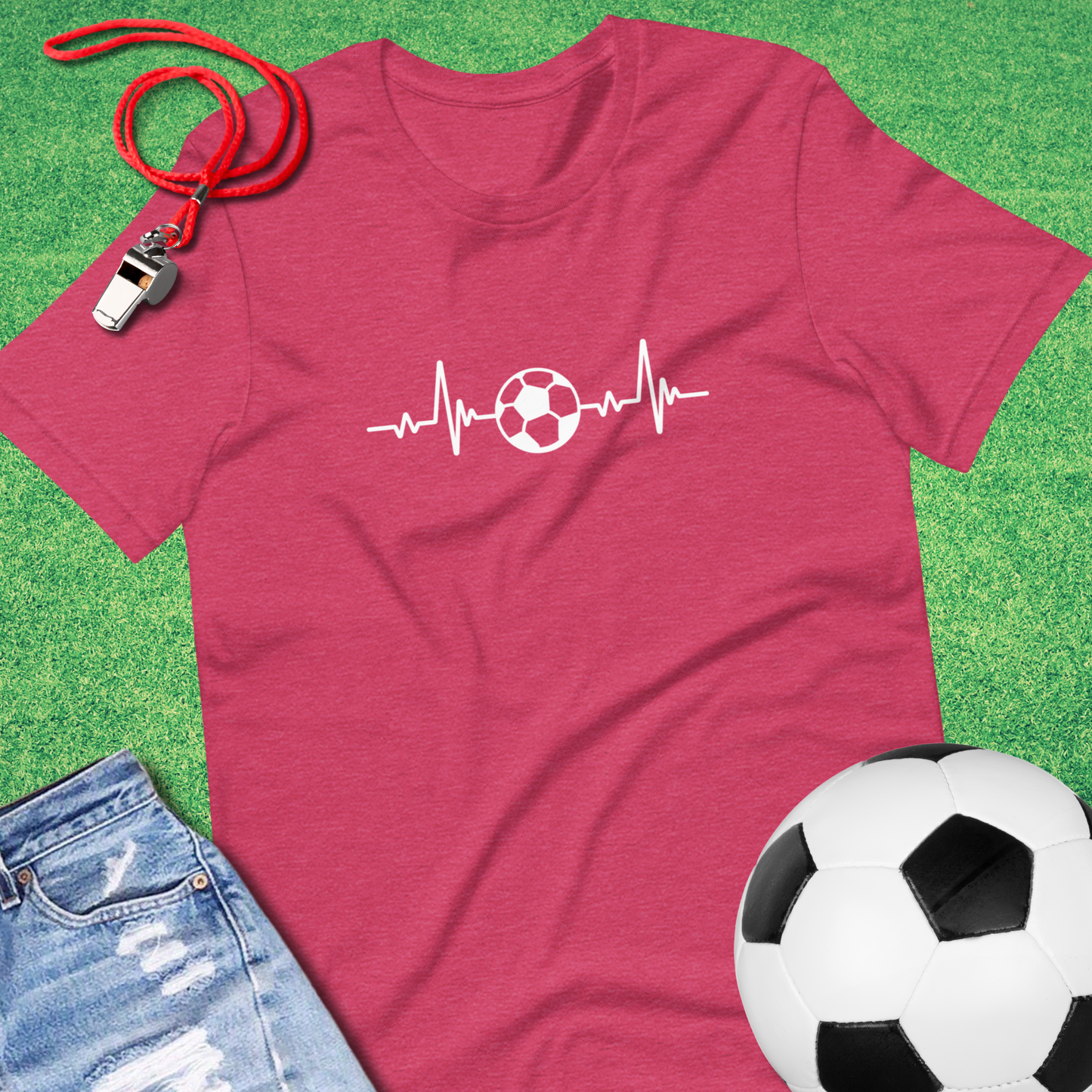 Soccer Heartbeat T-Shirt in Heather Raspberry - Travel Soccer T-Shirt for Players and Fans | Sideline Gods