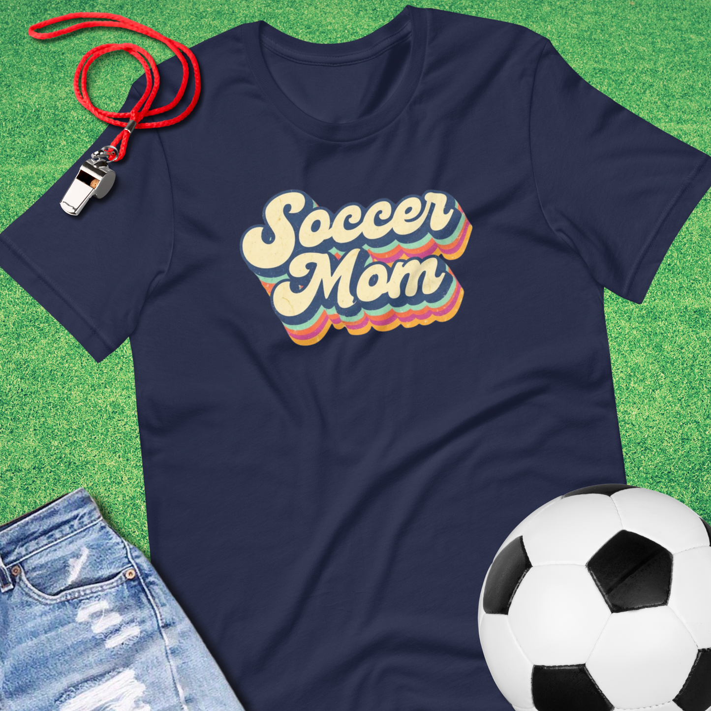 Soccer Mom Rainbow Retro T-Shirt in Navy - Fun Soccer Mom T-Shirt | Sideline Gods