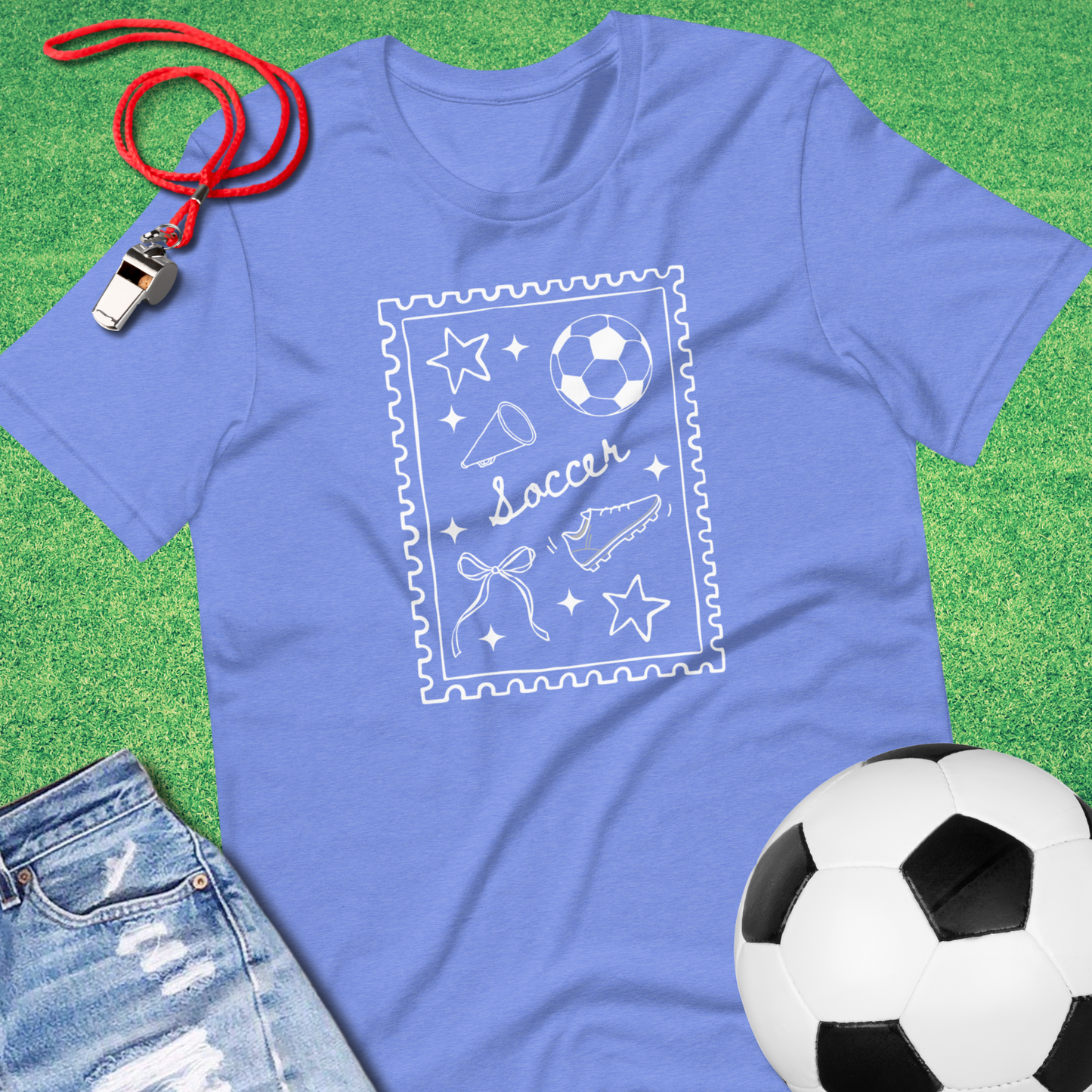 Soccer Stamp T-Shirt in Heather Columbia Blue - Unique Soccer T-Shirt for Players and Fans | Sideline Gods
