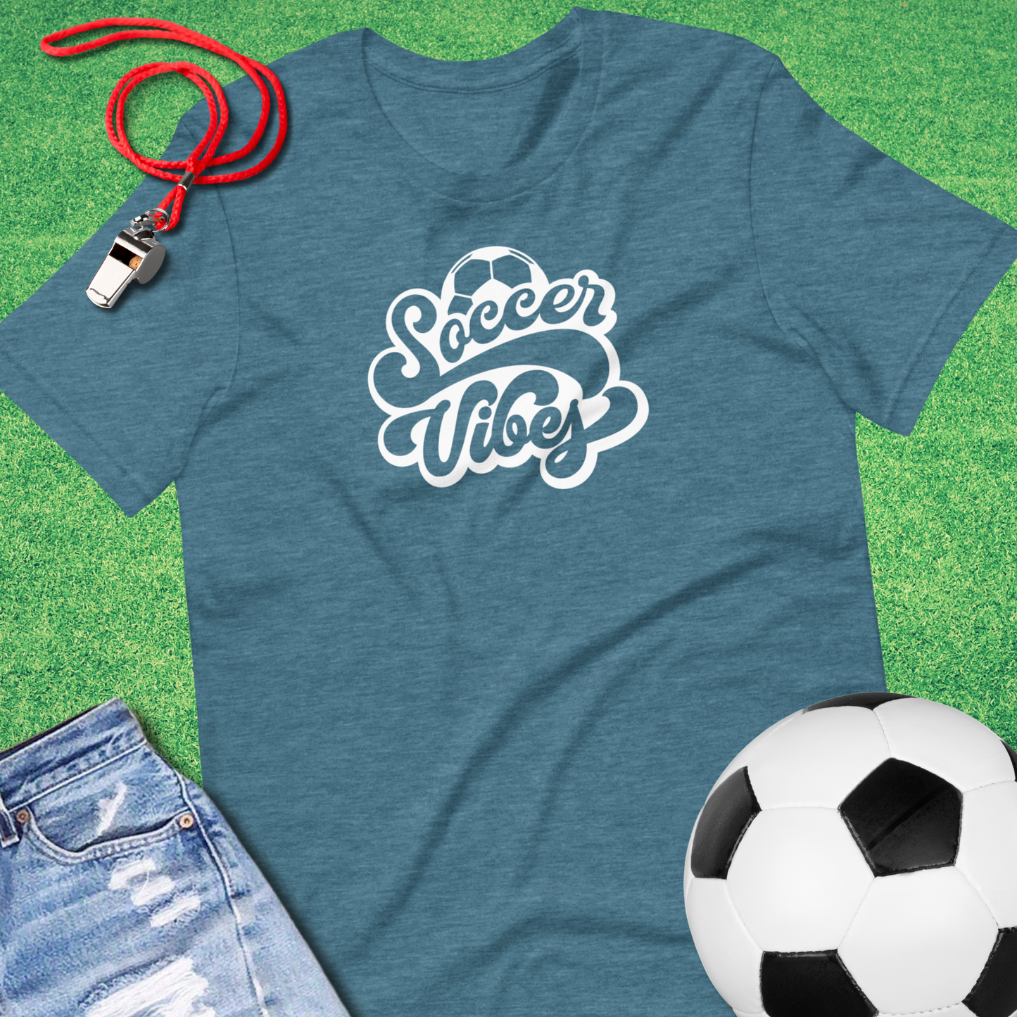 Soccer Vibes T-Shirt in Heather Deep Teal - Fun Soccer Gear for Players and Fans | Sideline Gods
