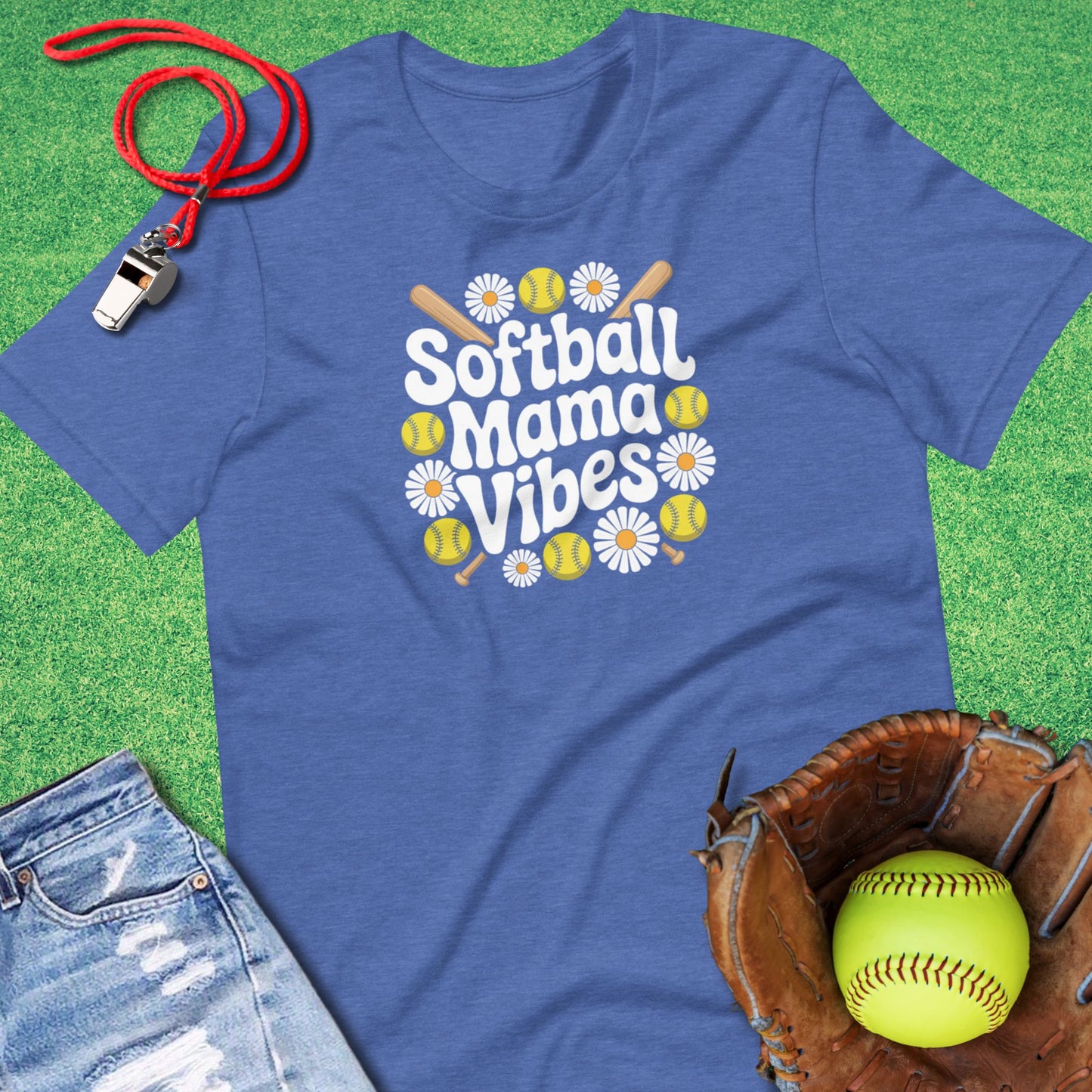 Softball Mama Vibes Flower T-Shirt in Heather True Royal - Softball Mom Tournament T-Shirt | Sideline Gods