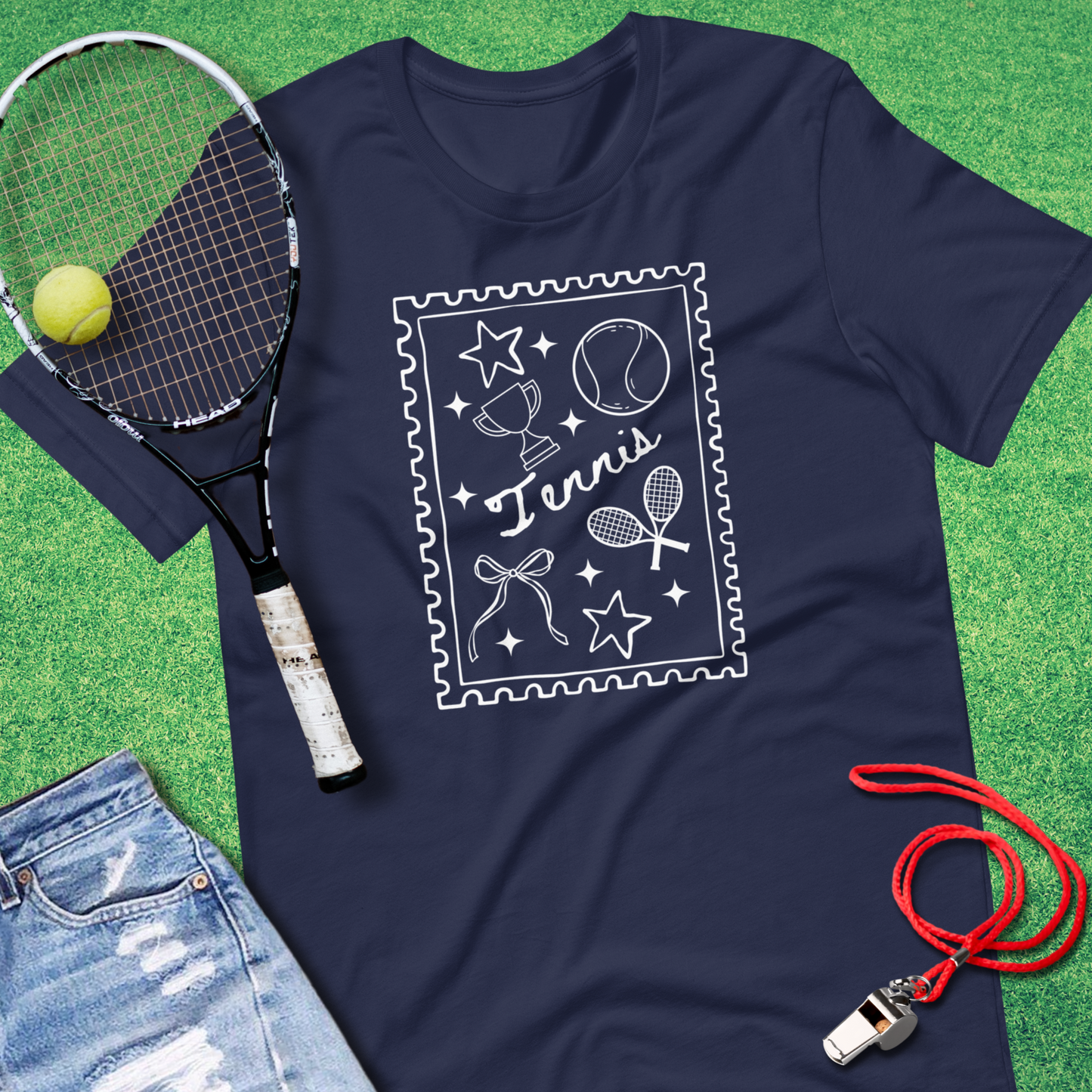 navy trendy tennis doodle stamp girly icons t-shirt tee