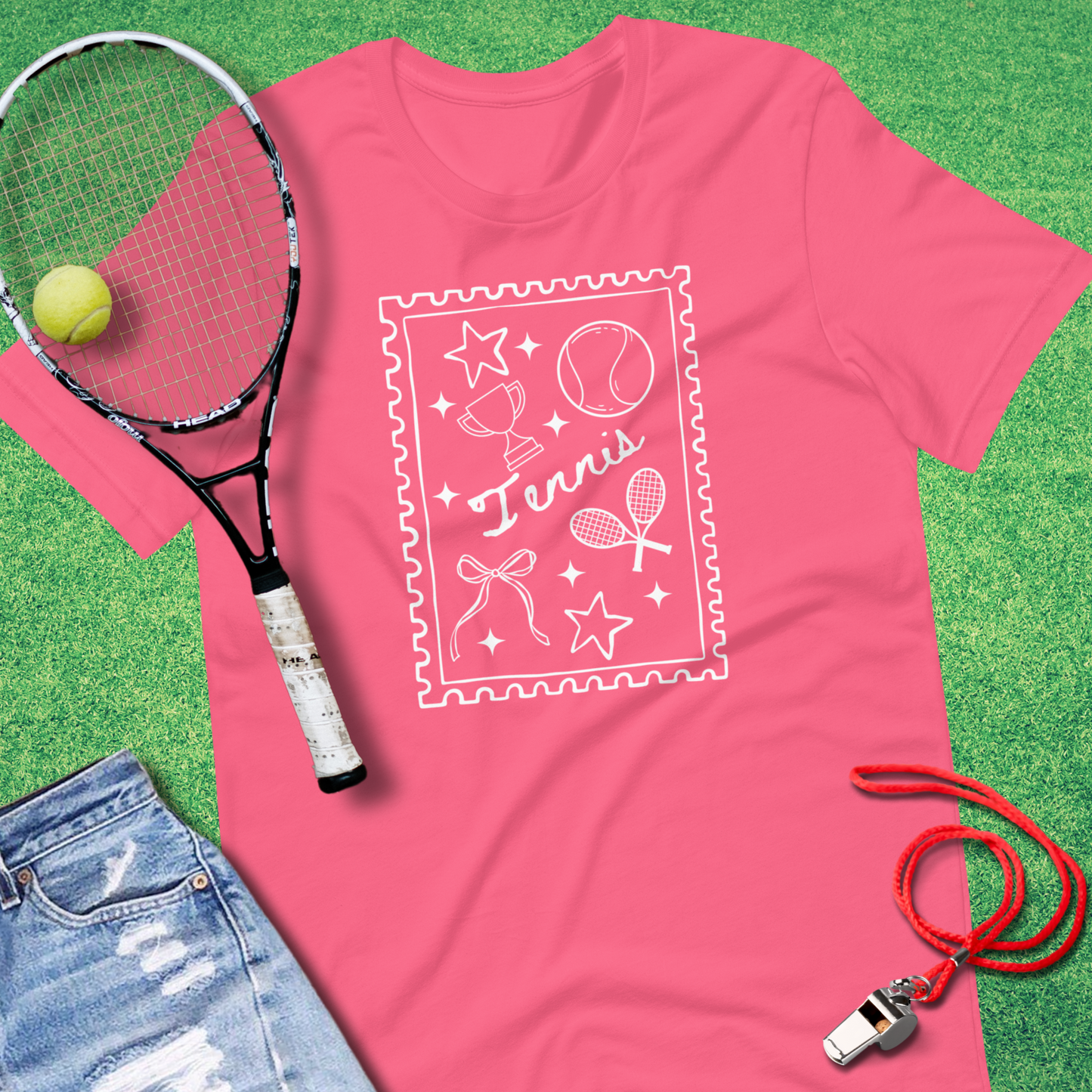 Unisex tennis doodle t-shirt styled for casual wear and court-side outfits pink