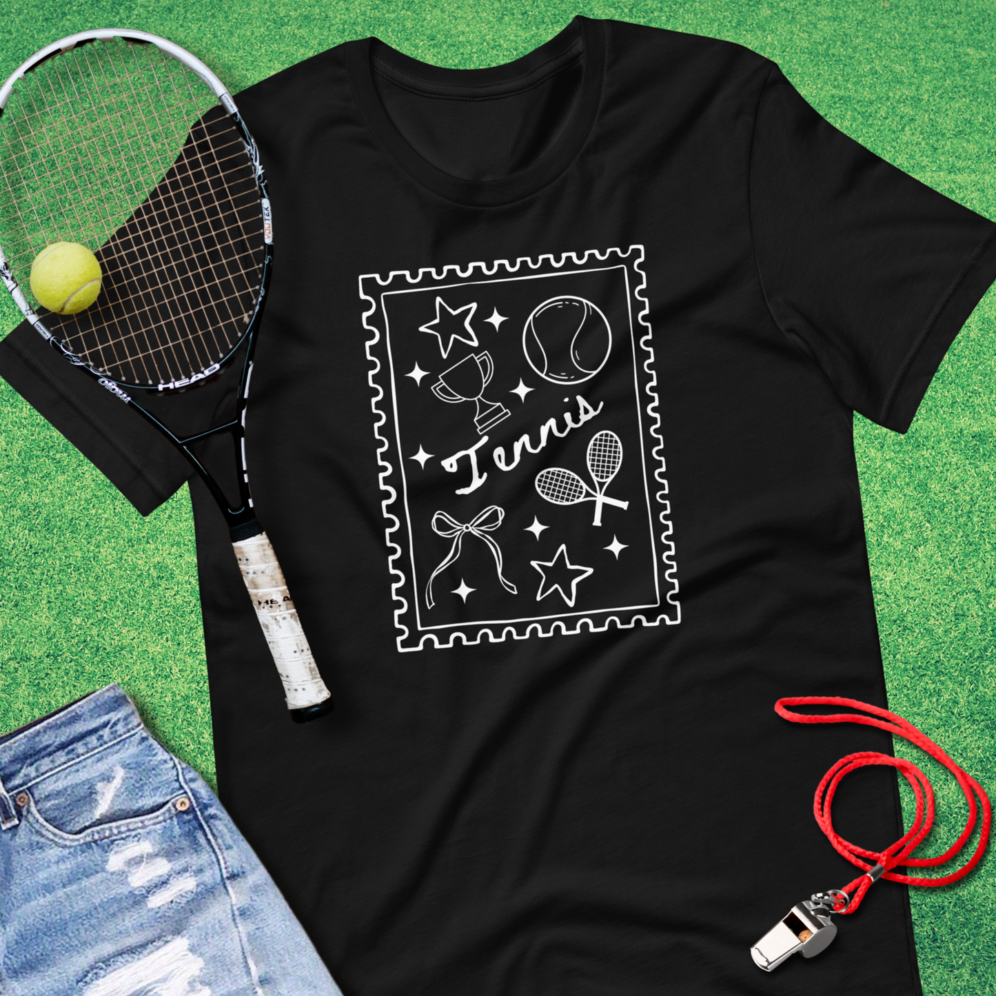 Close-up of doodle tennis icons on Sideline Gods tennis graphic tee.