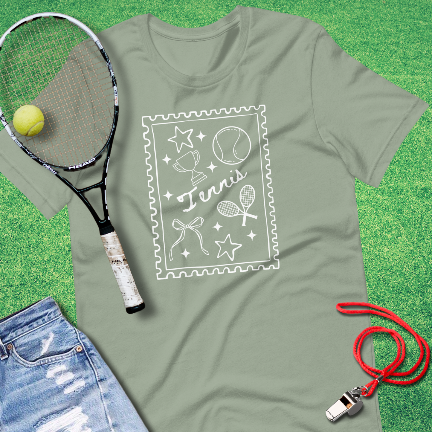 tennis graphic t-shirt with doodle-style rackets, balls, and nets by Sideline Gods.