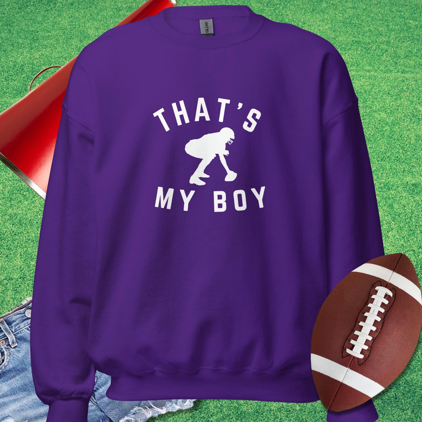 That's My Boy at Center Sweatshirt in Purple - Football Tailgate Sweatshirt by Sideline Gods