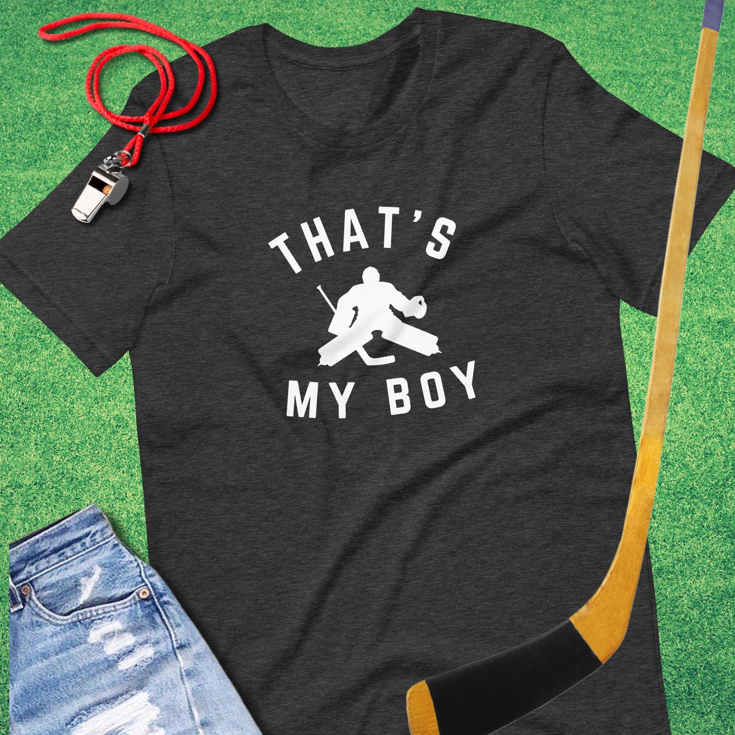 That's My Boy in the Hockey Goal T-Shirt in Dark Grey Heather - Ice Hockey Fan T-Shirt | Sideline Gods