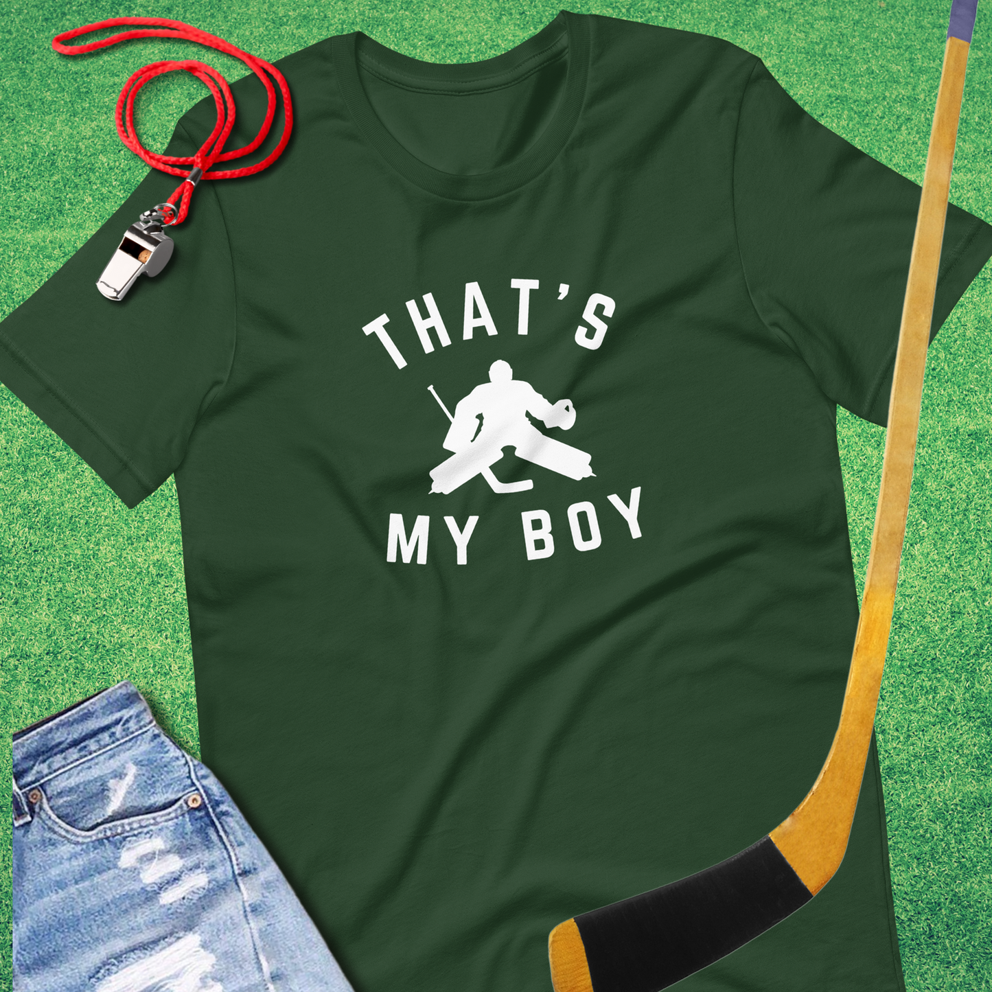 That's My Boy in the Hockey Goal T-Shirt in Forest - Ice Hockey Mom Gift | Sideline Gods