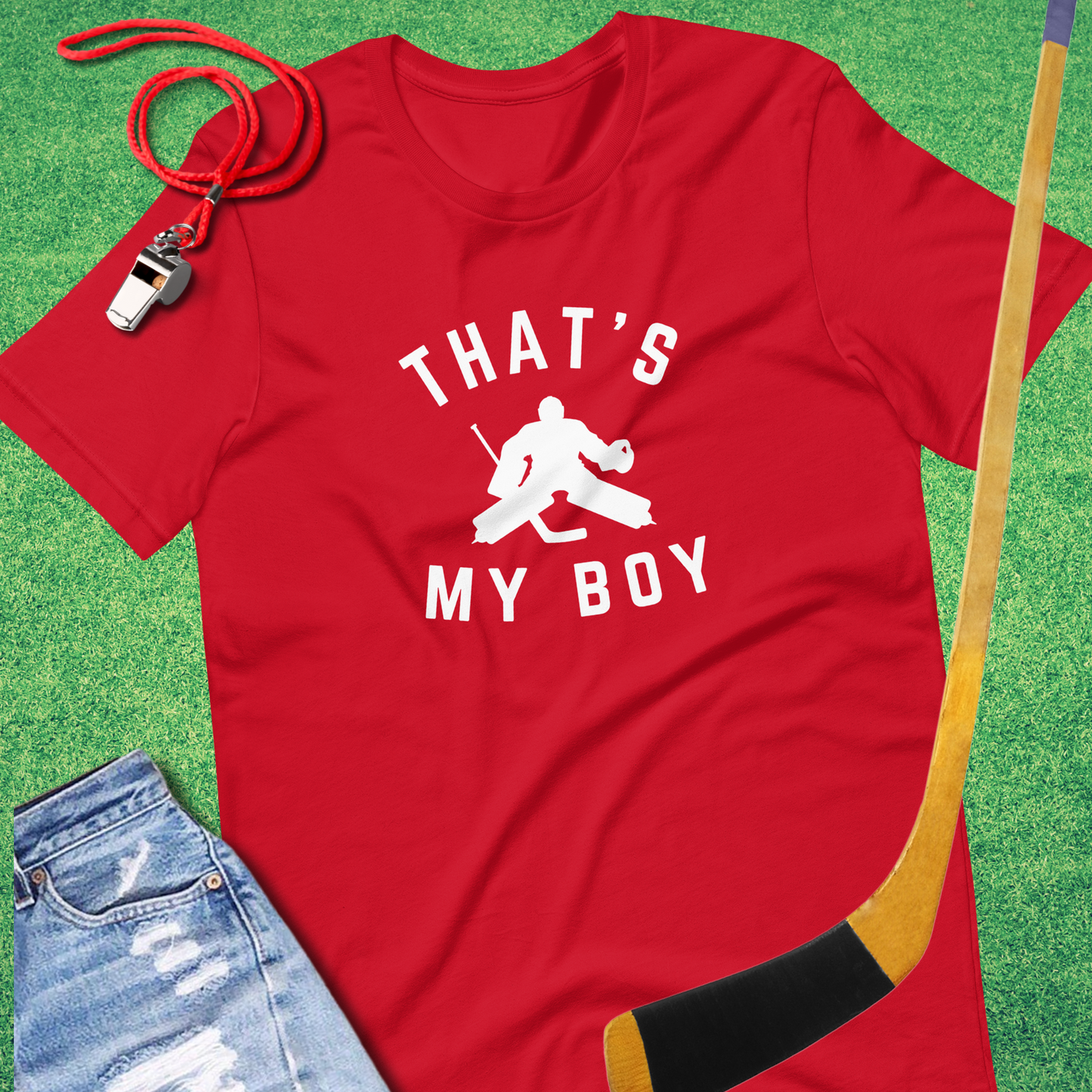 That's My Boy in the Hockey Goal T-Shirt in Red - Hockey Mom T-Shirt | Sideline Gods