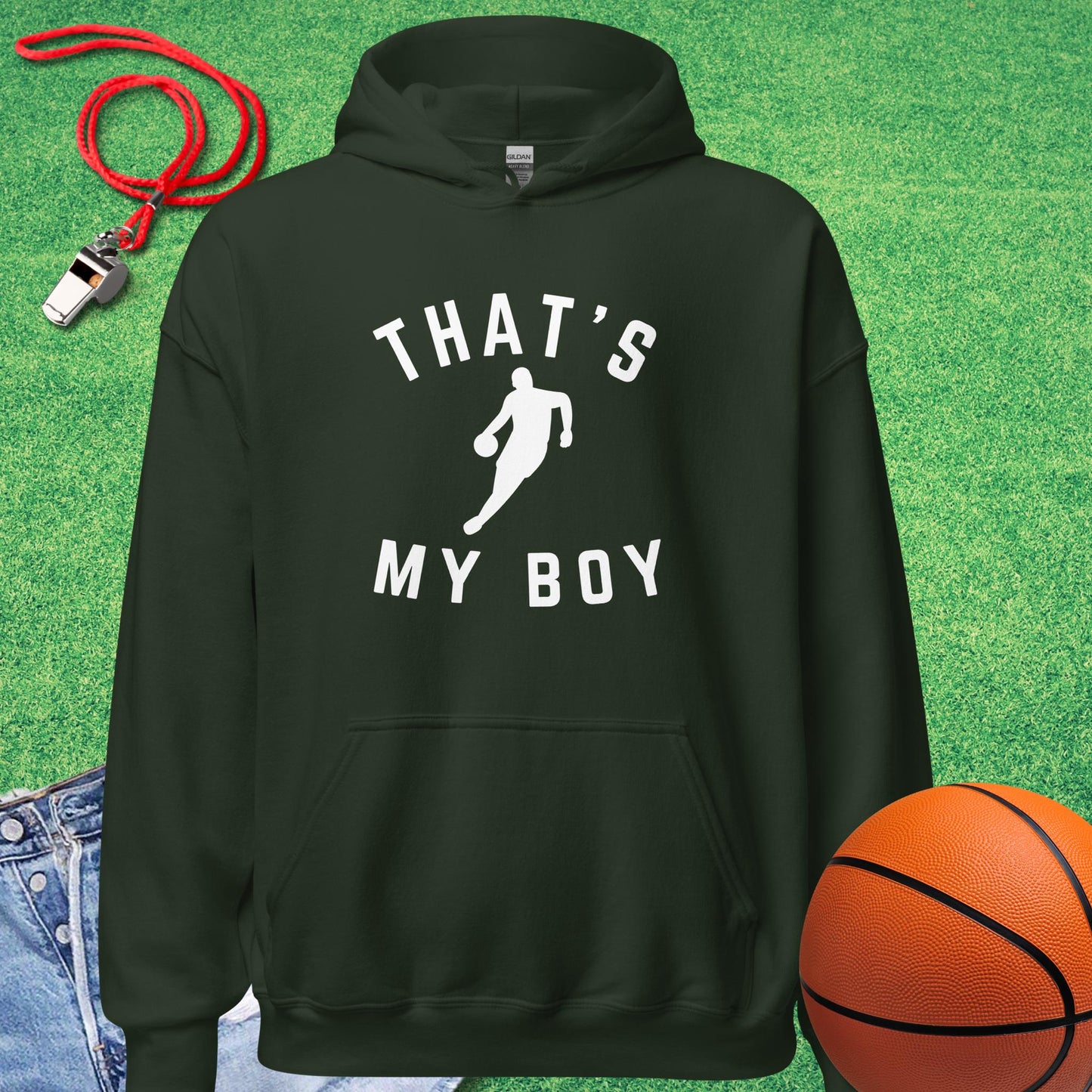 That's My Boy on the Court Hoodie in Forest Green - Proud Basketball Mom Hoodie | Sideline Gods