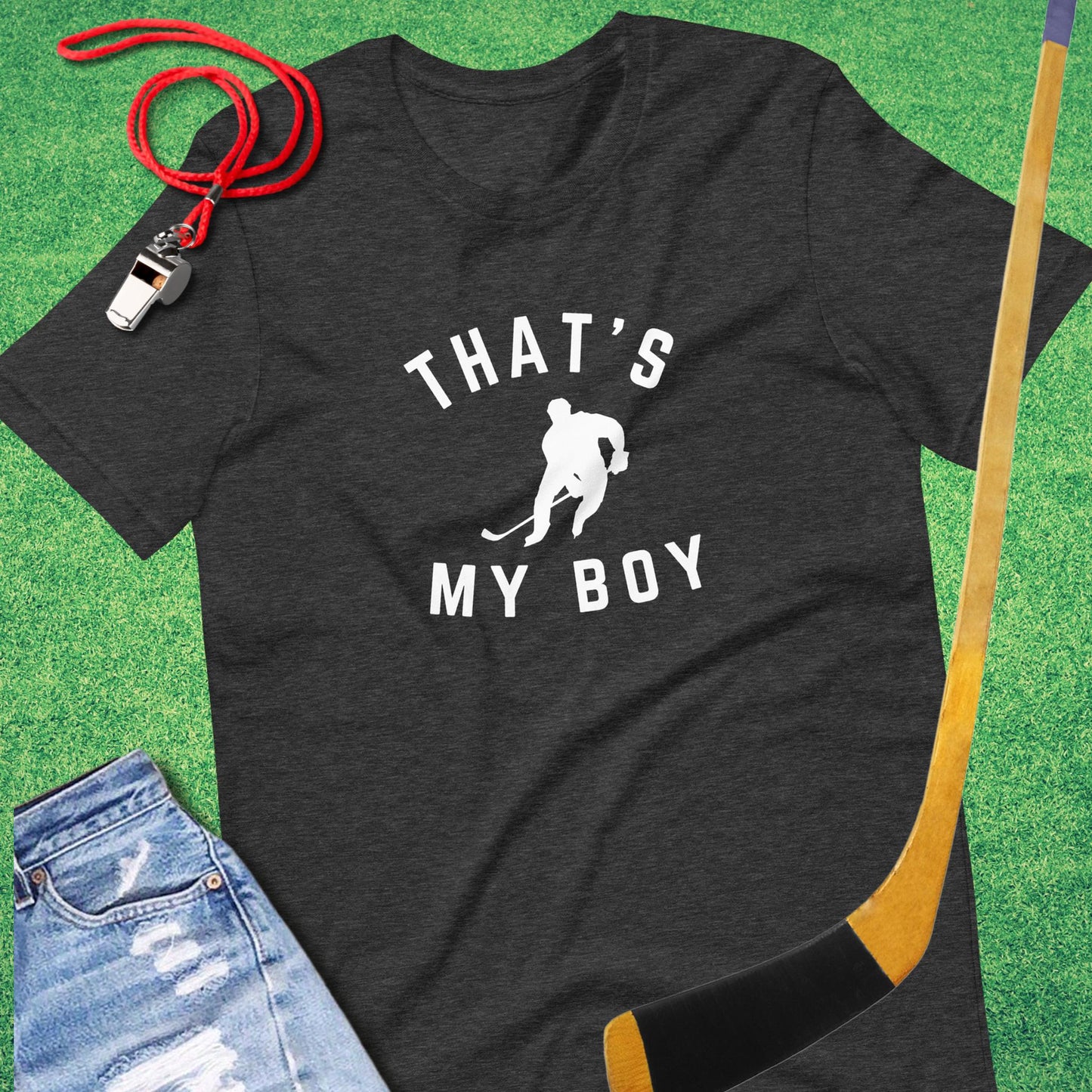 That's My Boy on the Ice T-Shirt in Dark Grey Heather - Ice Hockey Dad Gift | Sideline Gods