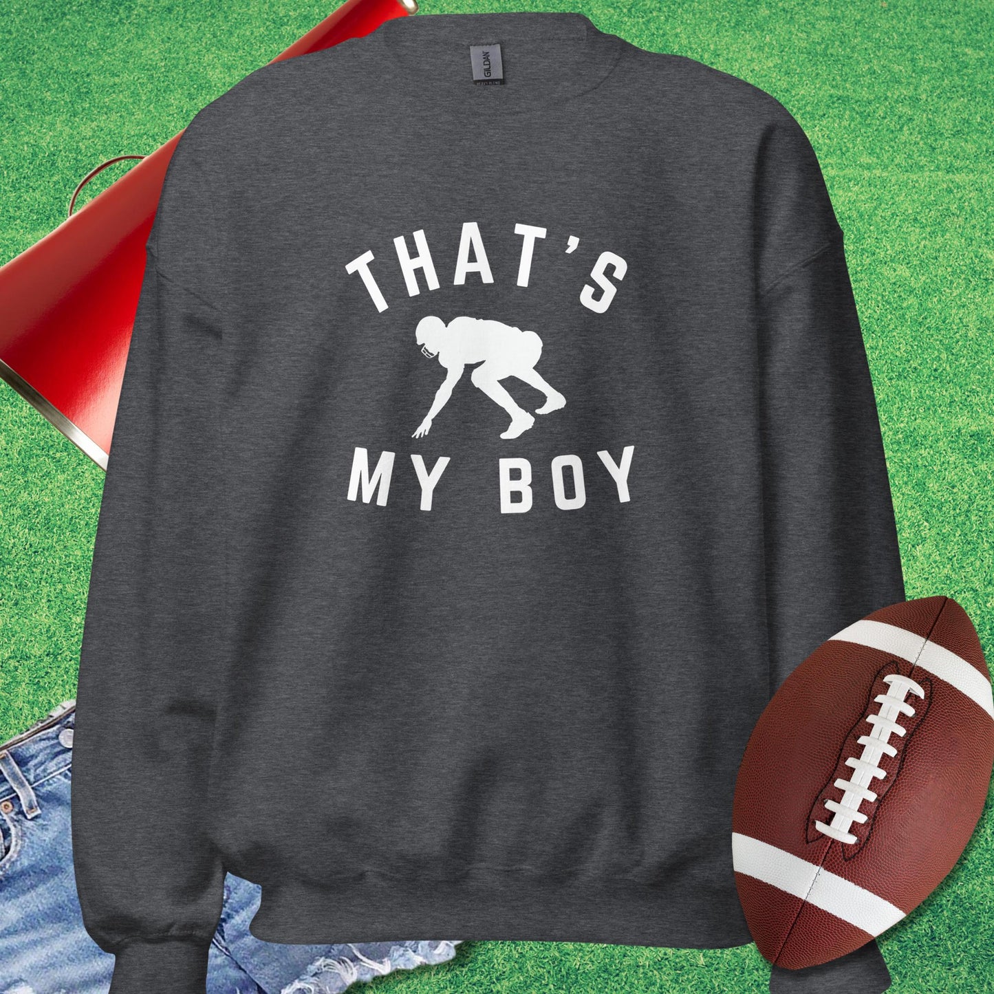 That's My Boy on the Line Sweatshirt in Dark Heather - gifts for football mom Sweatshirt by Sideline Gods