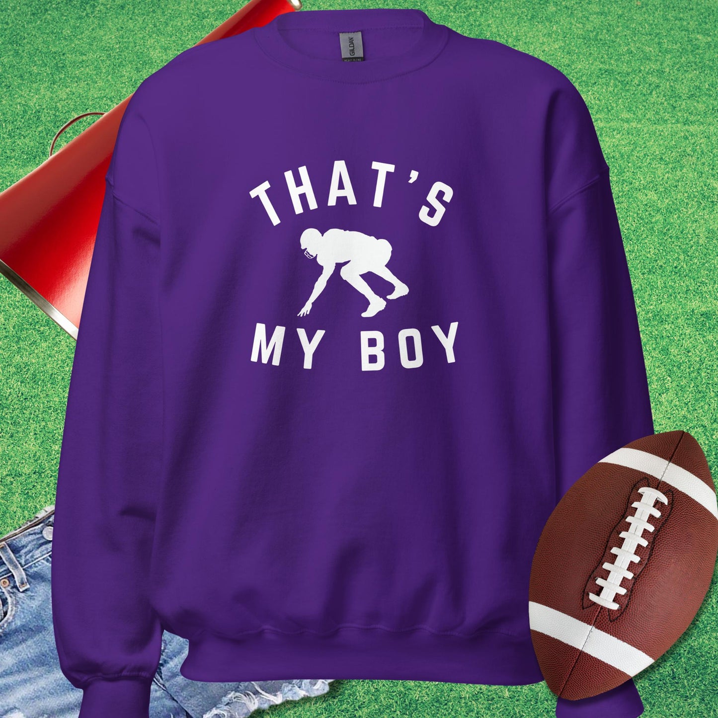 That's My Boy on the Line Sweatshirt in Purple - Football Tailgate Sweatshirt by Sideline Gods