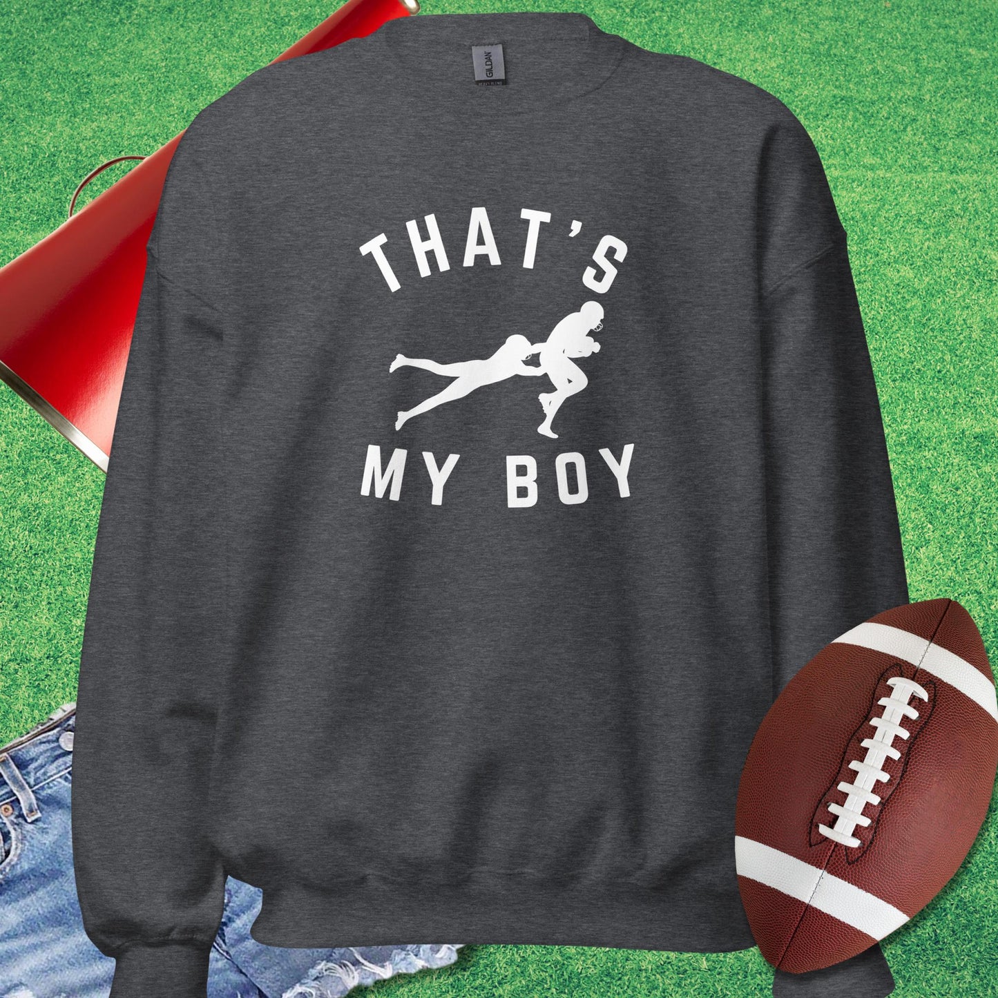 That's My Boy on the Tackle Sweatshirt in Dark Heather - gifts for football mom Sweatshirt by Sideline Gods