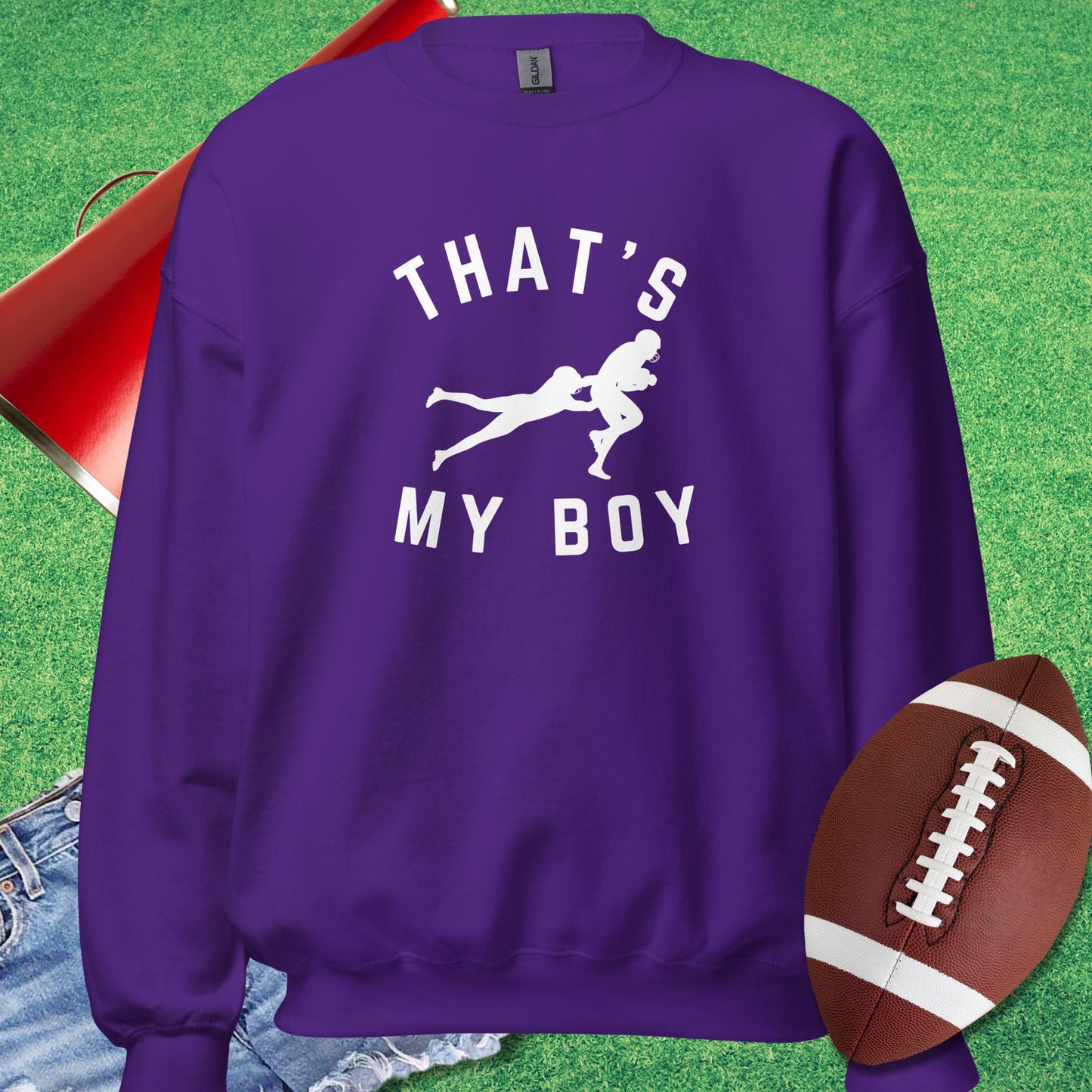 That's My Boy on the Tackle Sweatshirt in Purple - Football Tailgate Sweatshirt by Sideline Gods