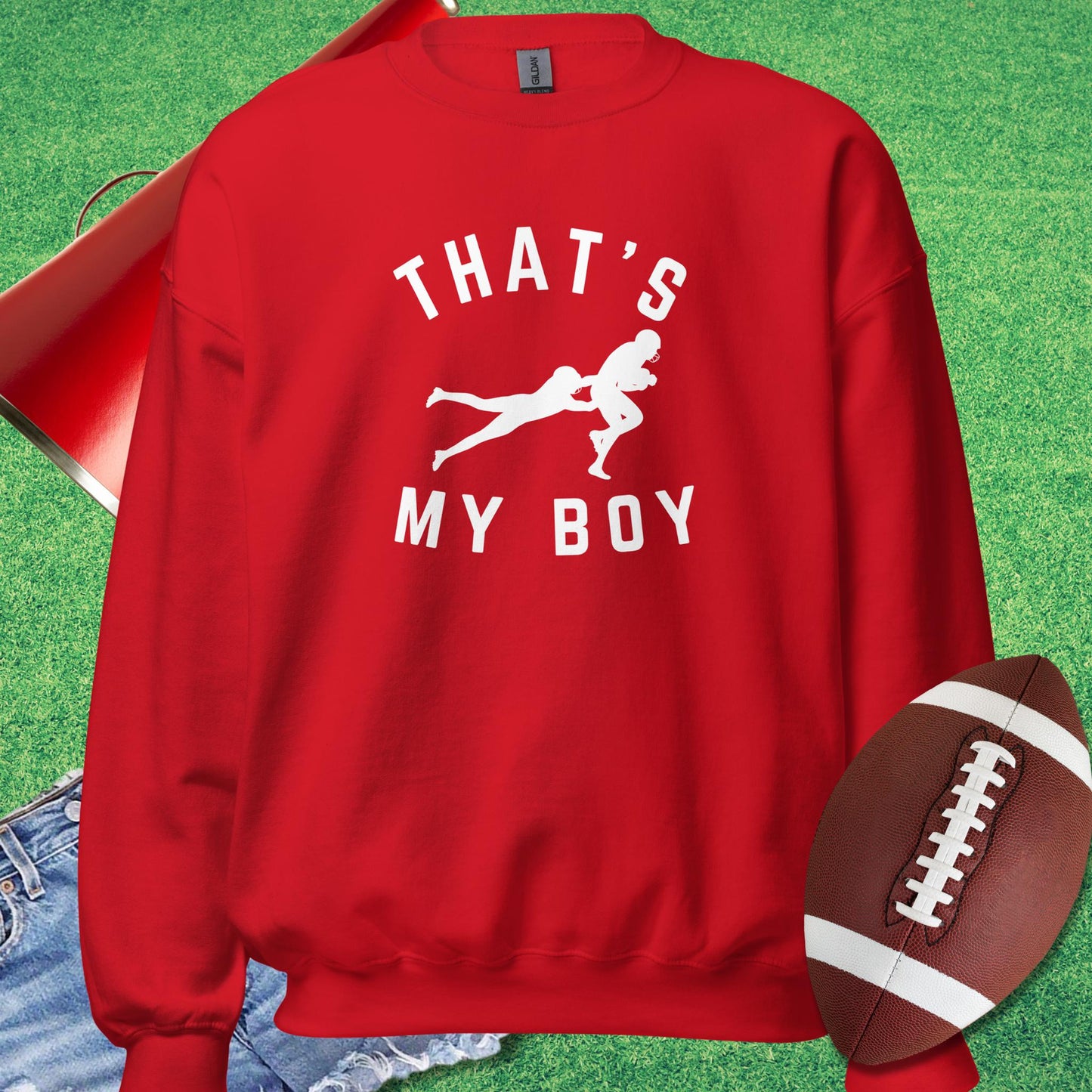 That's My Boy on the Tackle Sweatshirt in Red - football parent gifts by Sideline Gods
