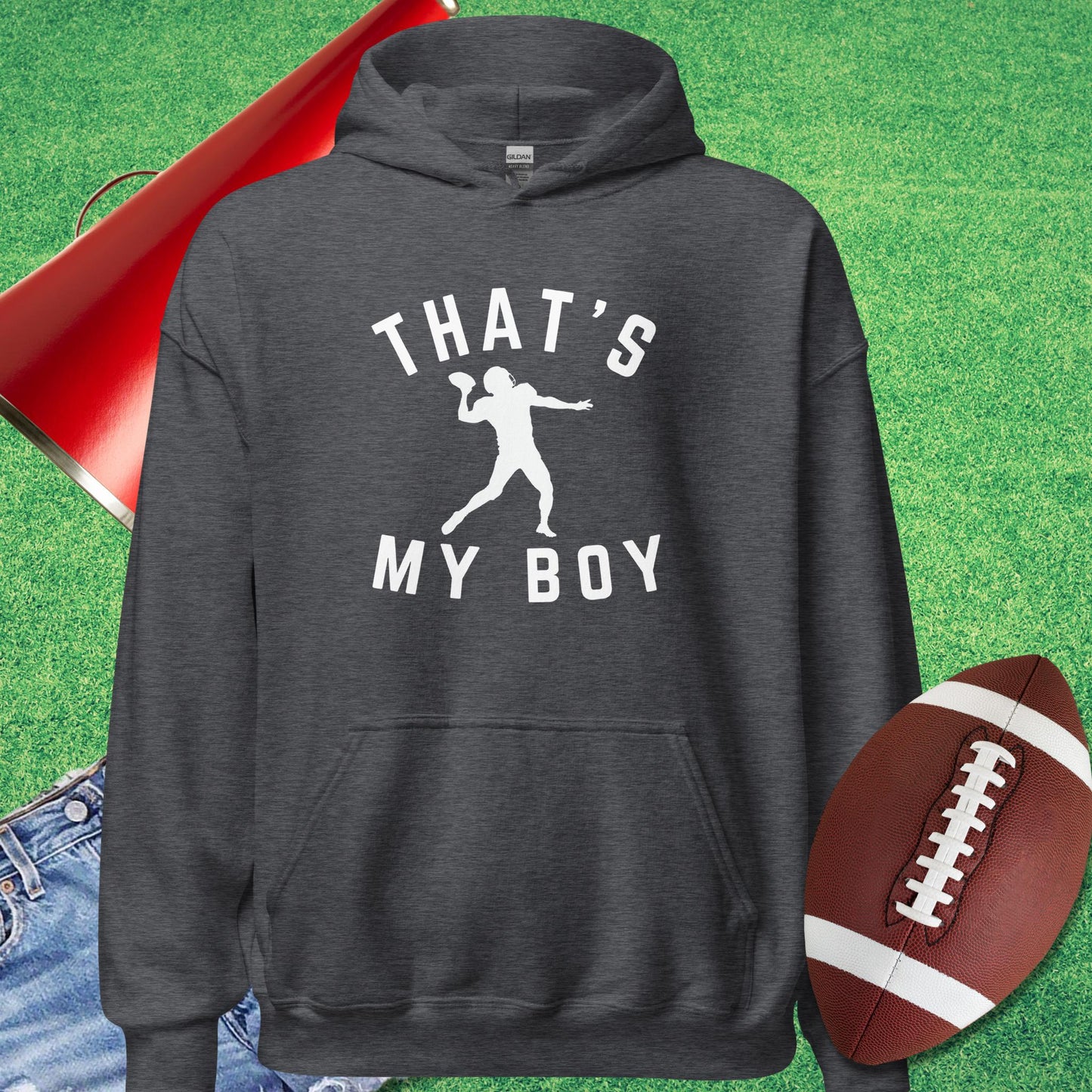 That's My Boy the Quarterback Hoodie in Dark Heather - football parent gifts by Sideline Gods