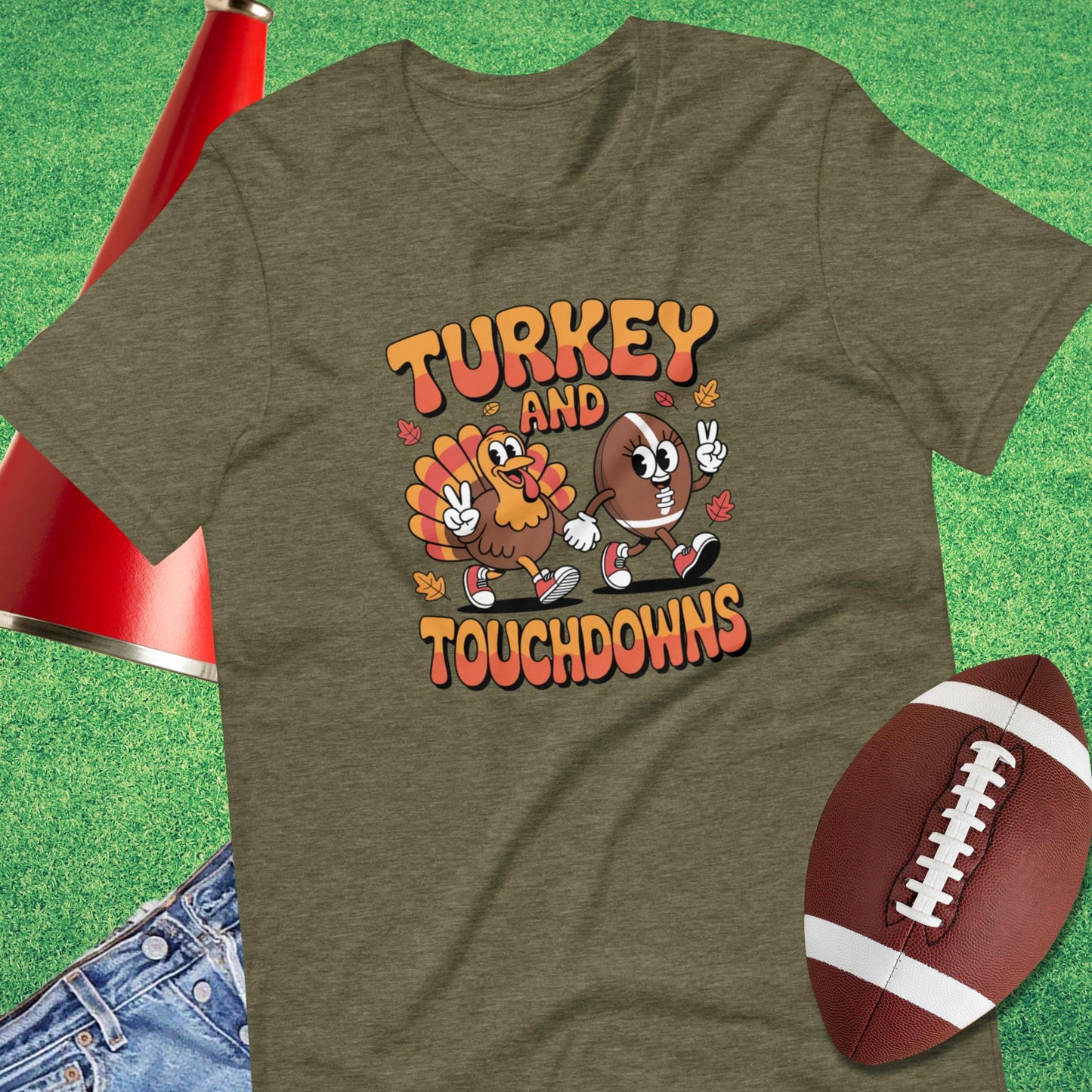 Turkey and Touchdowns T-Shirts in Heather Olive - Thanksgiving Football [product_type} by Sideline Gods