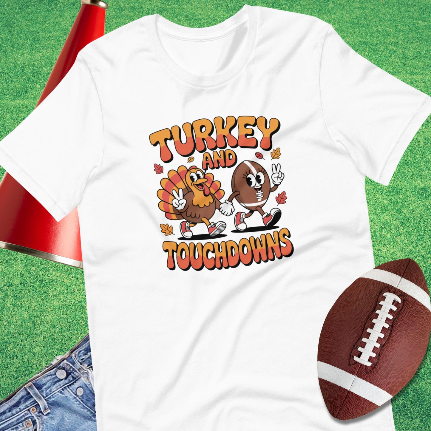 Turkey and Touchdowns T-Shirts in White - Thanksgiving Football [product_type} by Sideline Gods