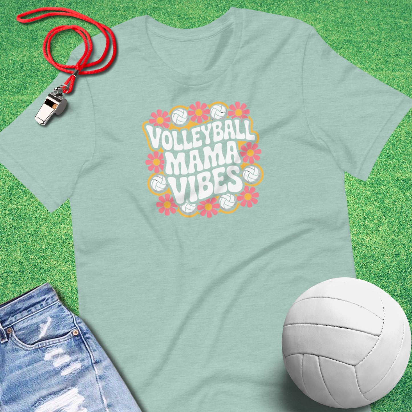 Volleyball Mama Vibes T-Shirt in Heather Prism Dusty Blue - Volleyball Mom T-Shirt | Sideline Gods