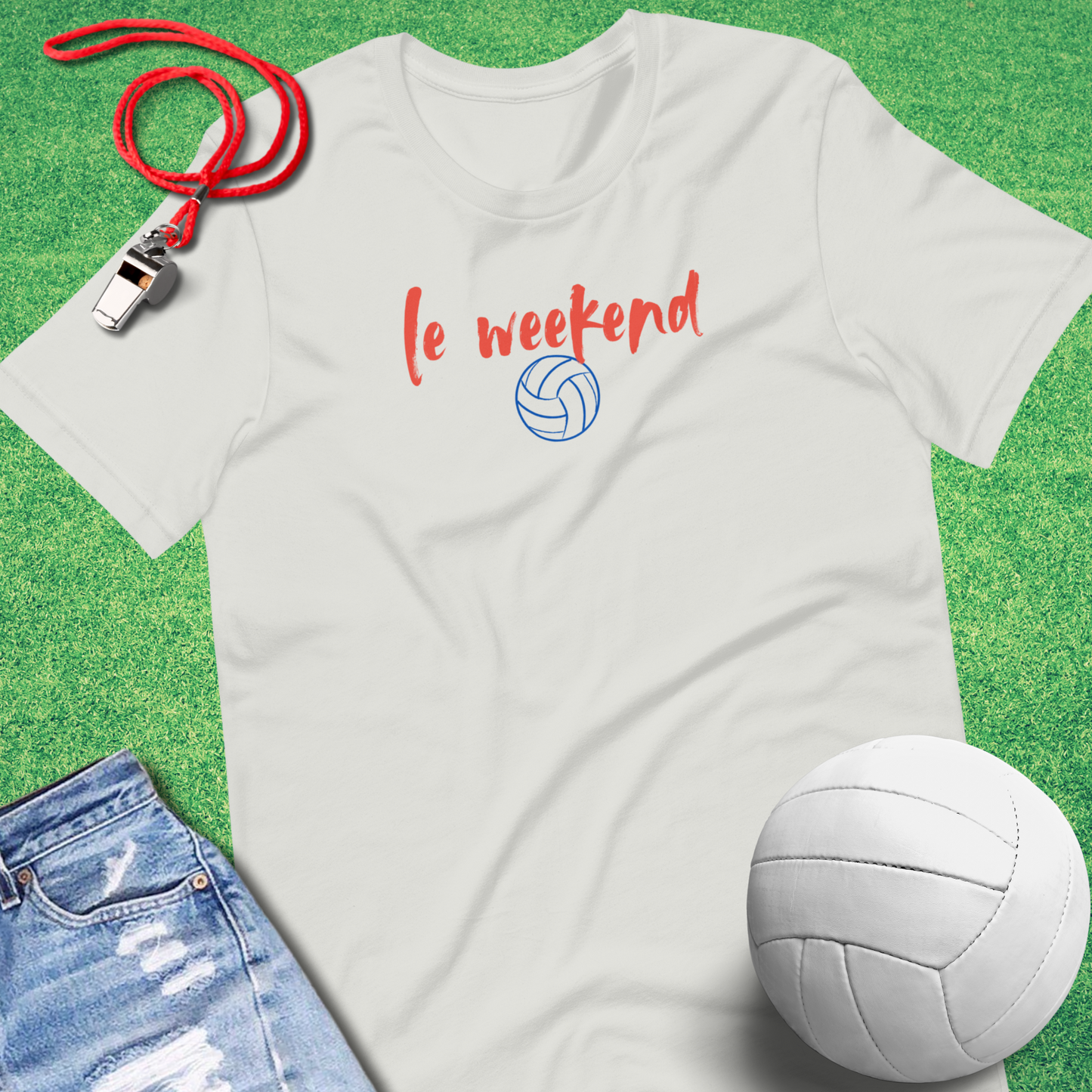 Le Volleyball t-shirt with French-inspired text and volleyball doodle