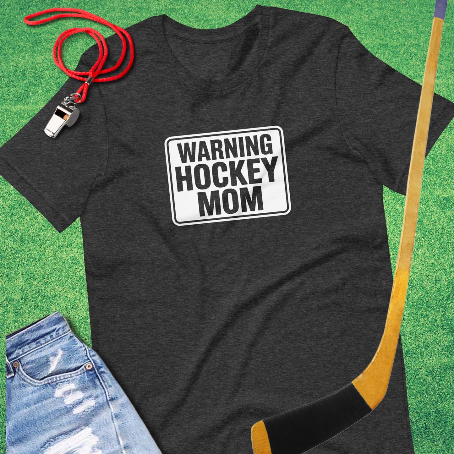 Warning: Hockey Mom T-Shirt in Dark Grey Heather - Fun Ice Hockey Mom T-Shirt | Sideline Gods