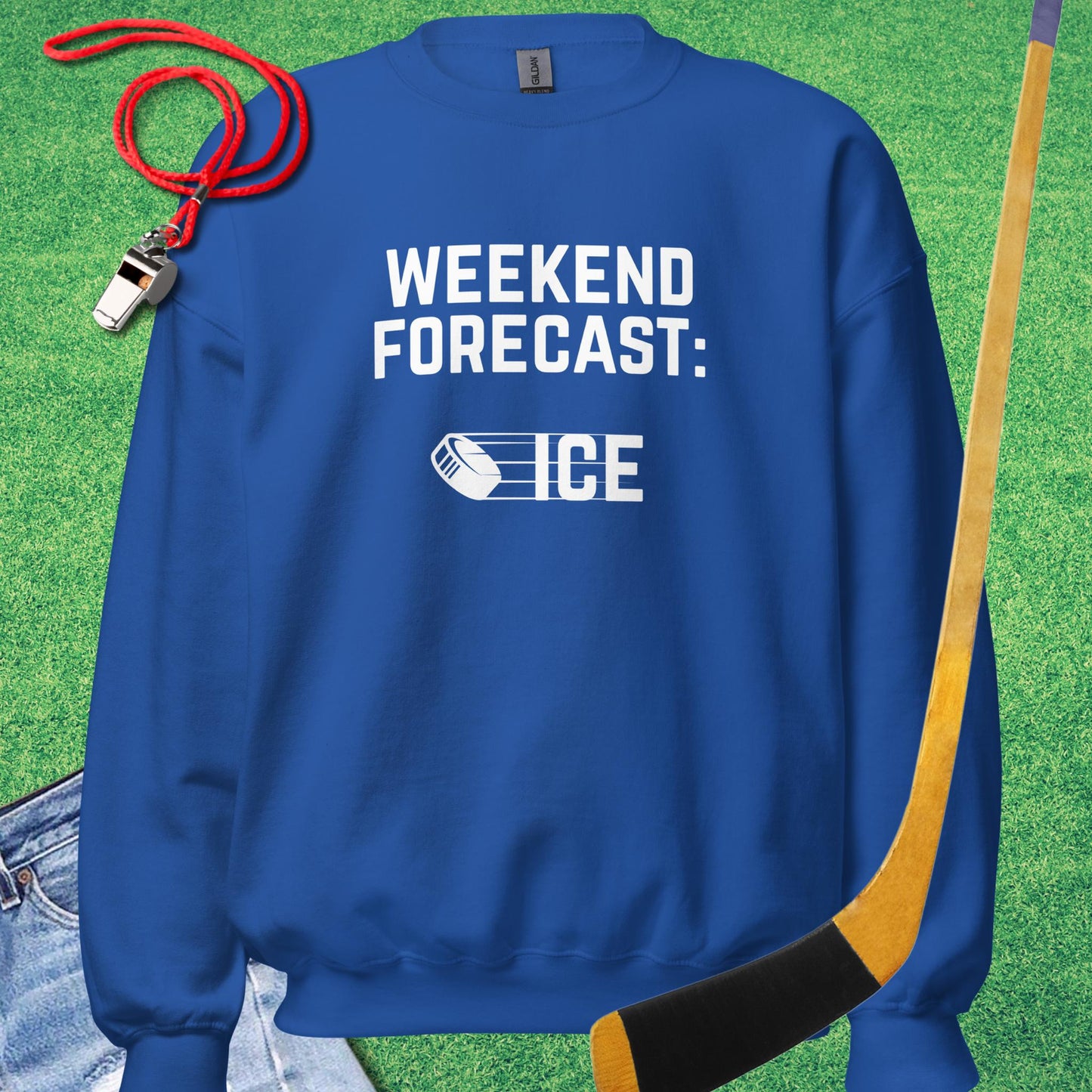 Weekend Forecast: Ice Sweatshirt in Royal - Humorous Hockey Sweatshirt | Sideline Gods
