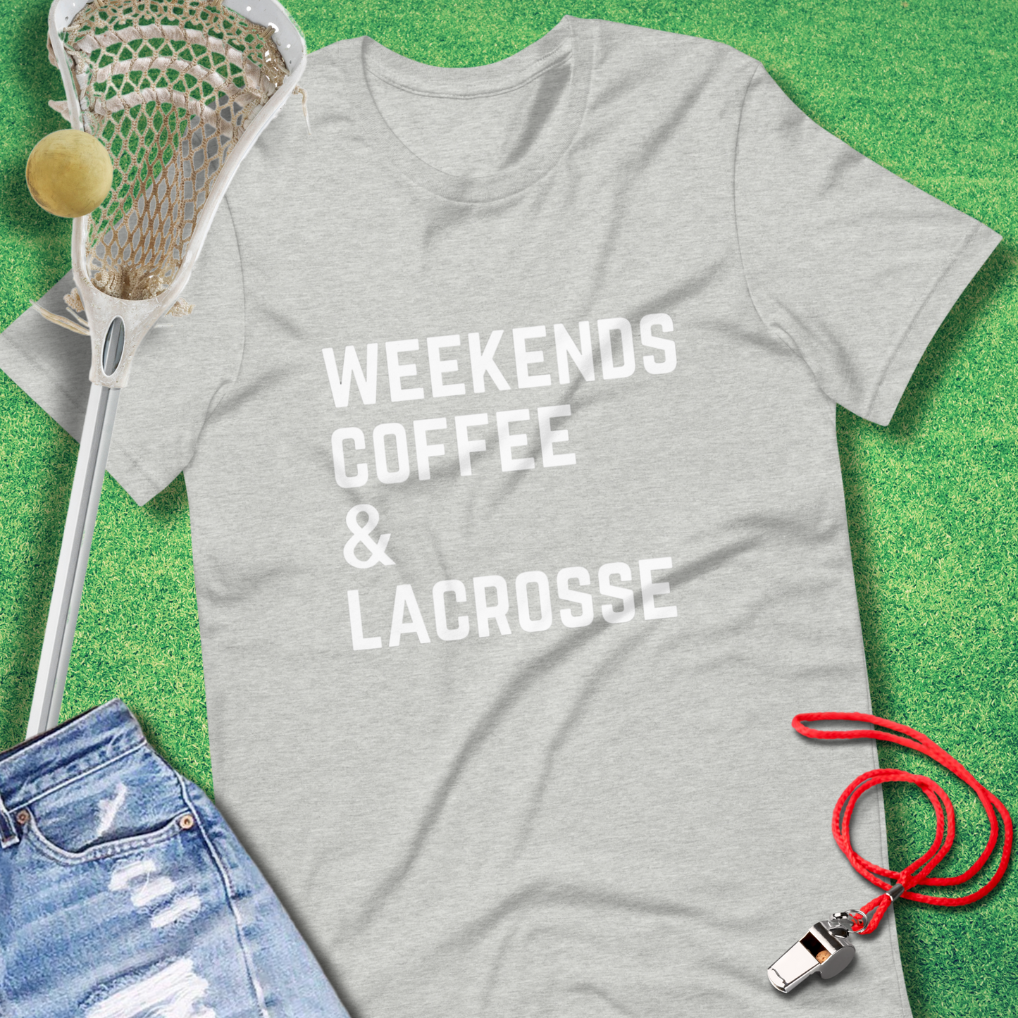 Weekends, Coffee & Lacrosse T-Shirt in Athletic Heather - Lax Mom T-Shirt | Sideline Gods