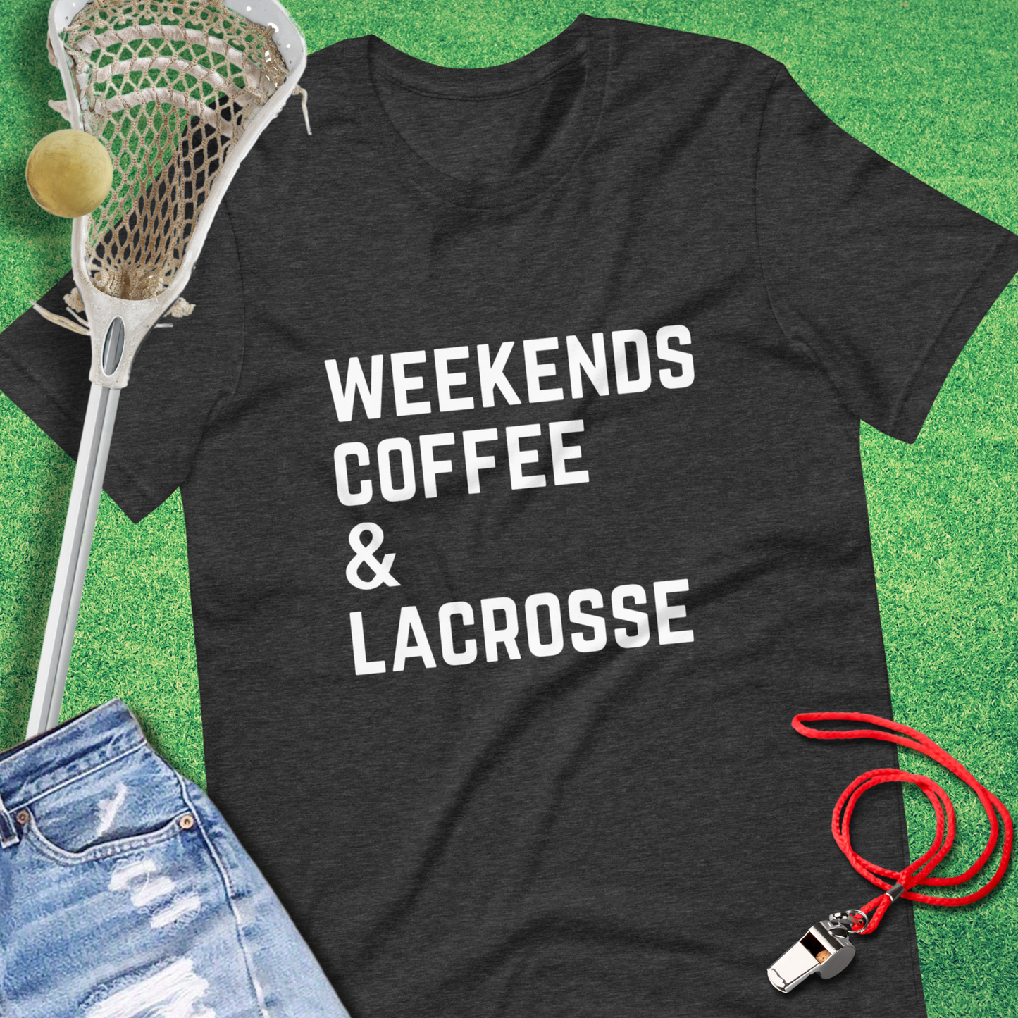 Weekends, Coffee & Lacrosse T-Shirt in Dark Grey Heather - Lacrosse Mom Gift | Sideline Gods