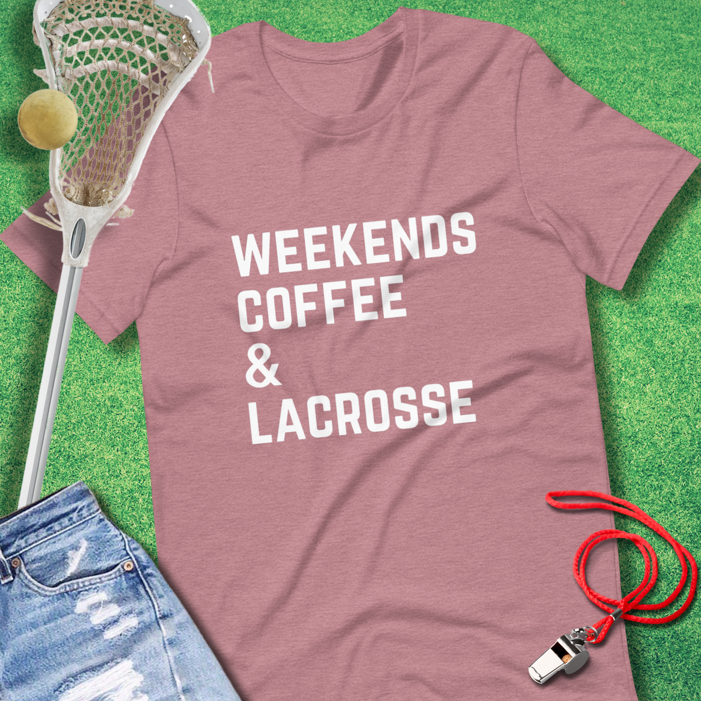 Weekends, Coffee & Lacrosse T-Shirt in Heather Orchid - Lacrosse Mom Tournament T-Shirt | Sideline Gods