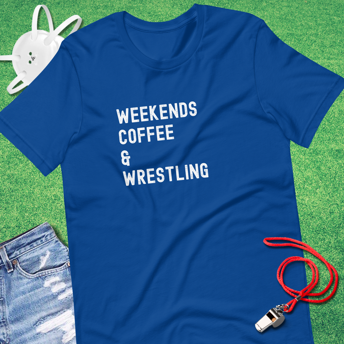 Weekends Coffee Wrestling T-Shirt in True Royal - Fun Wrestling Mom T-Shirt | Sideline Gods