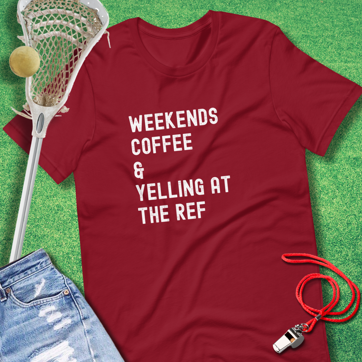 Weekends Coffee & Yelling at the Ref T-Shirt in Cardinal - game day T-Shirt | Sideline Gods