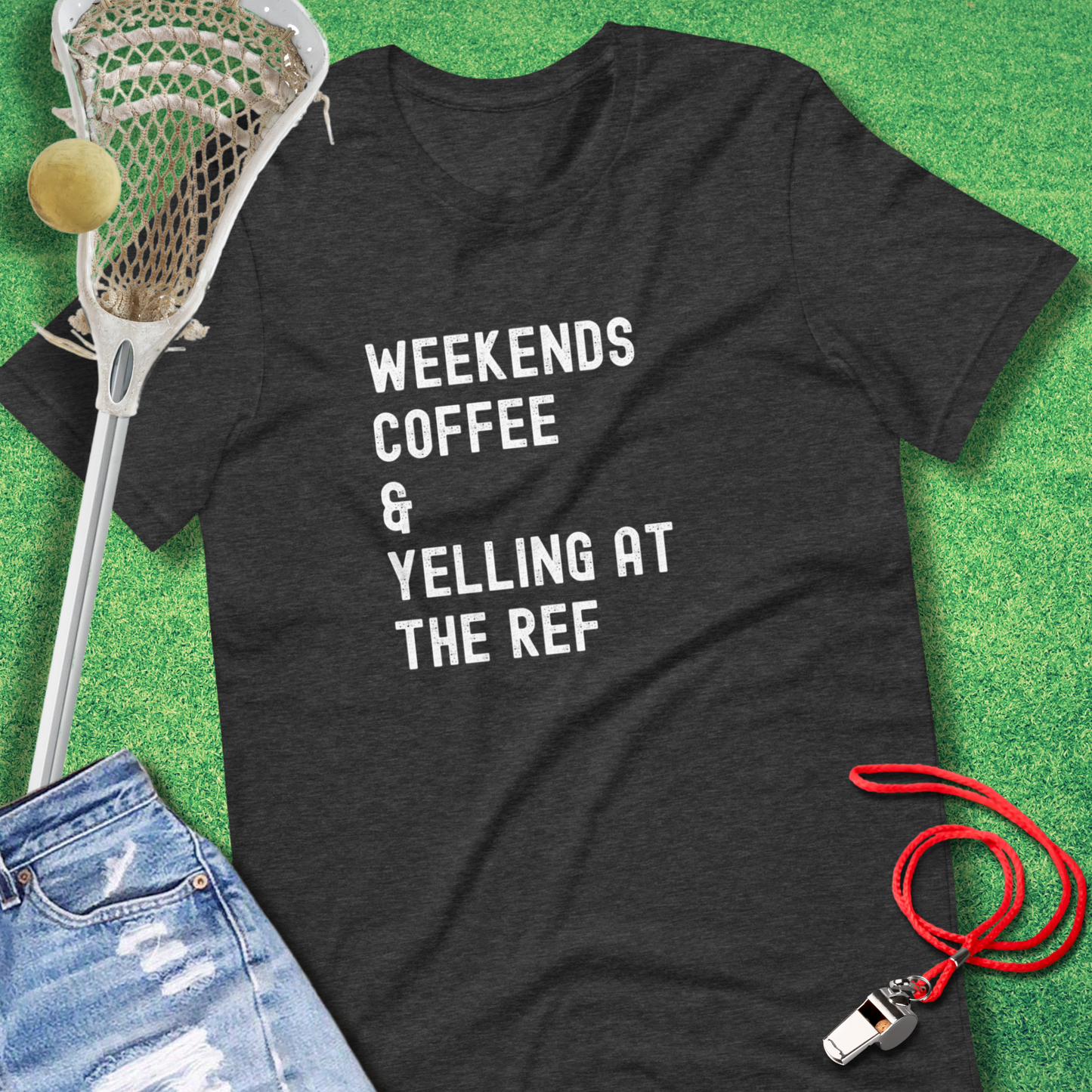 Weekends Coffee & Yelling at the Ref T-Shirt in Dark Grey Heather - sports parents T-Shirt funny | Sideline Gods