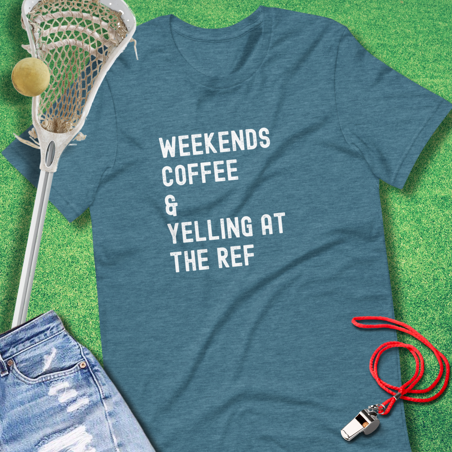 Weekends Coffee & Yelling at the Ref T-Shirt in Heather Deep Teal - funny T-Shirt for gameday | Sideline Gods