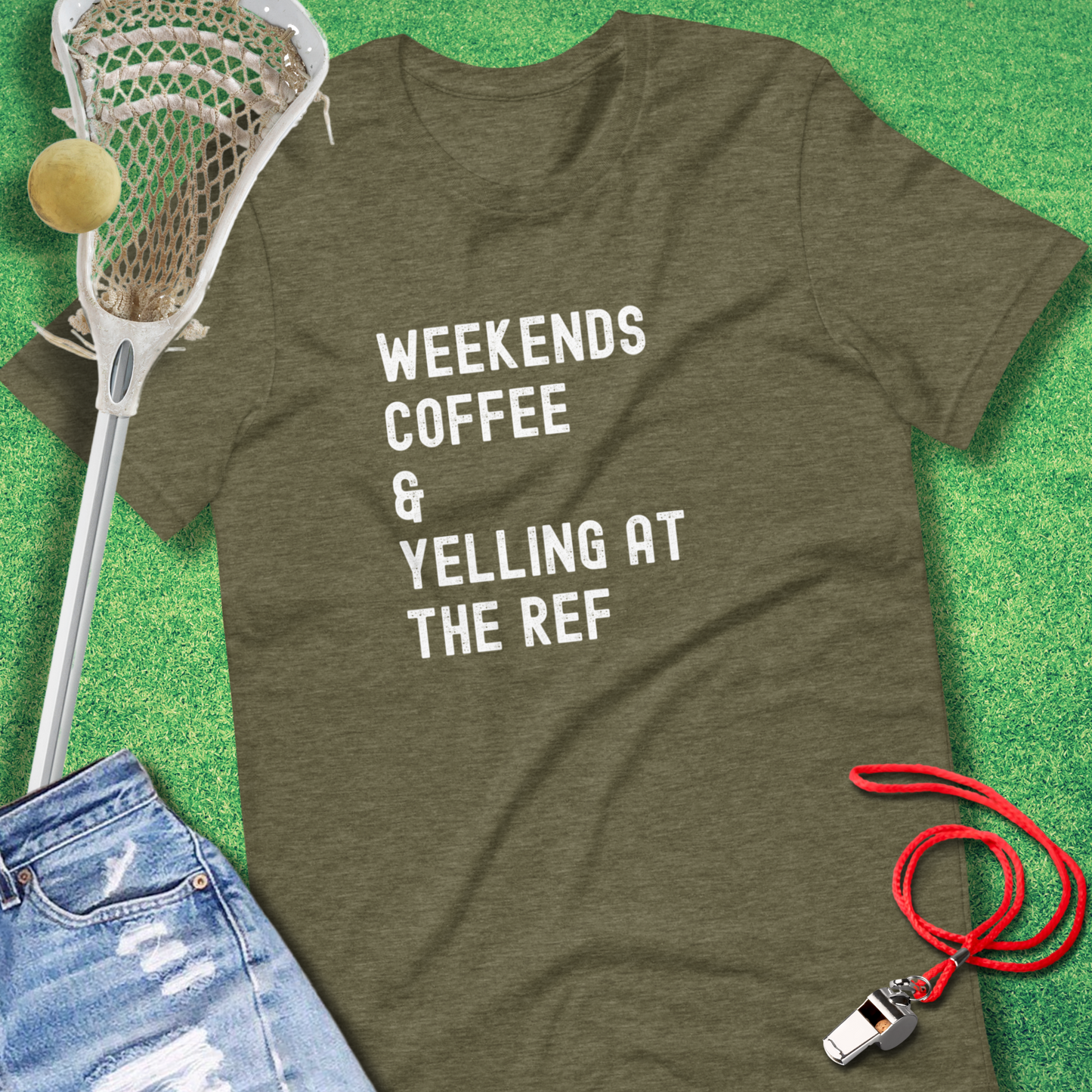 Weekends Coffee & Yelling at the Ref T-Shirt in Heather Olive - funny sideline T-Shirt | Sideline Gods