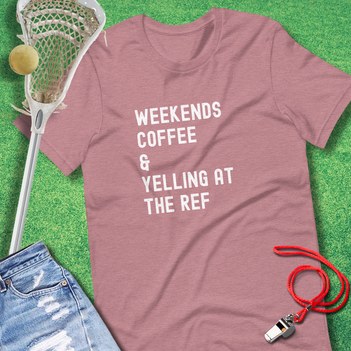 Weekends Coffee & Yelling at the Ref T-Shirt in Heather Orchid - sarcastic sports T-Shirt | Sideline Gods