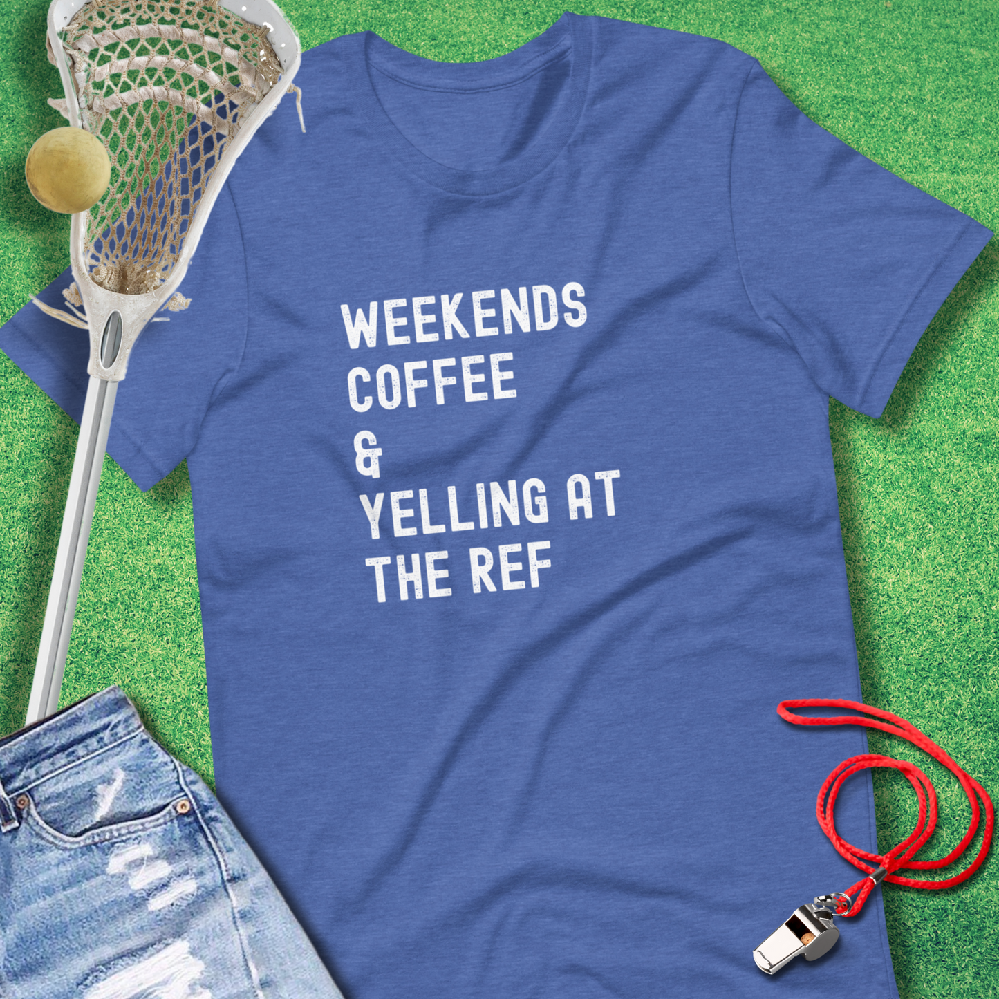 Weekends Coffee & Yelling at the Ref T-Shirt in Heather True Royal - sports parents T-Shirt | Sideline Gods