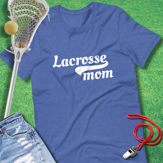 Vintage-style Lacrosse Mom T-shirt with retro lettering, perfect for game days.