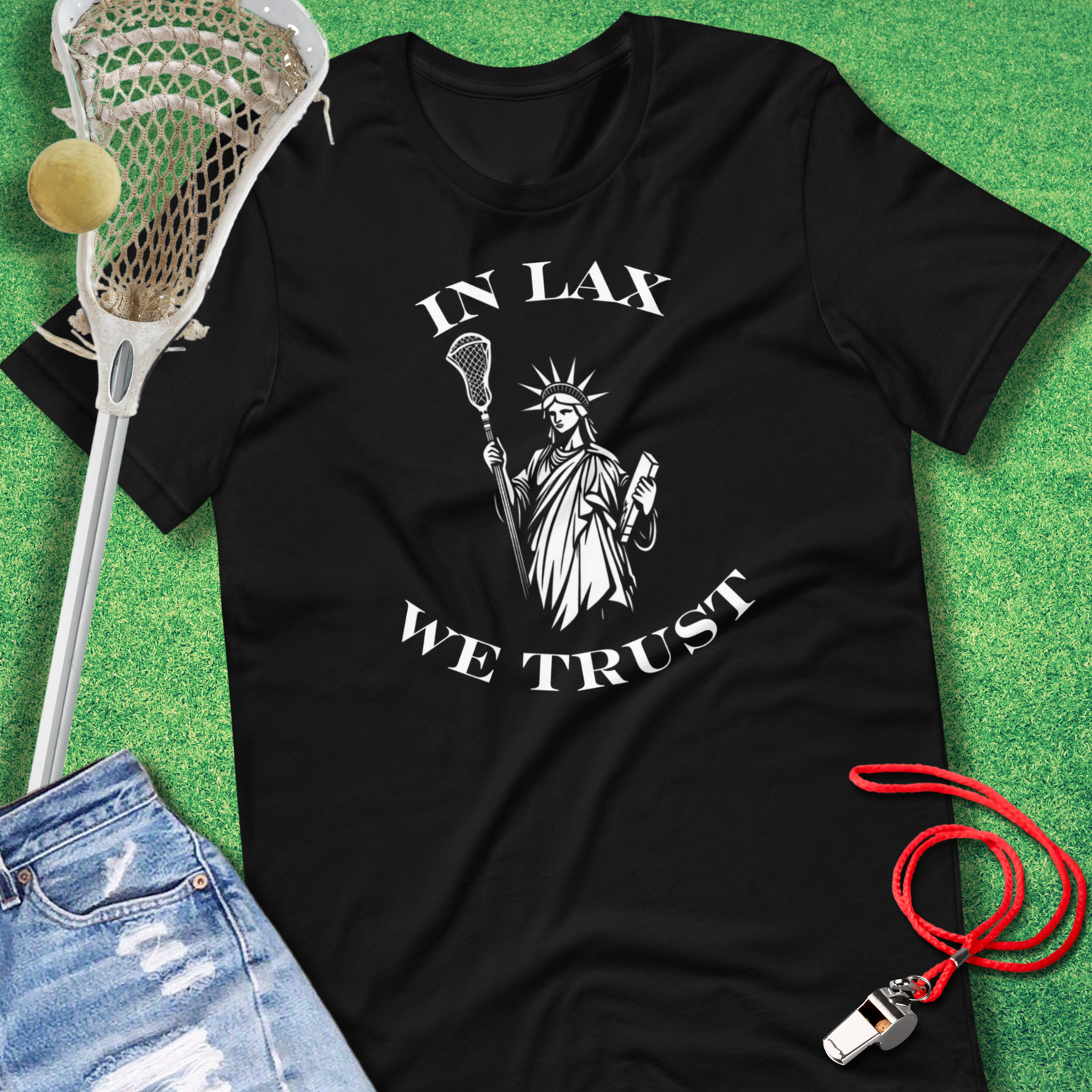 In Lax We Trust lacrosse T-shirt with bold statement design