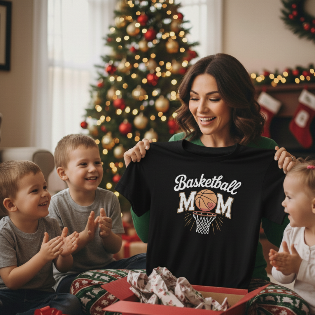 Woman holding a 'Basketball Mom' shirt with children clapping in front of a Christmas tree.