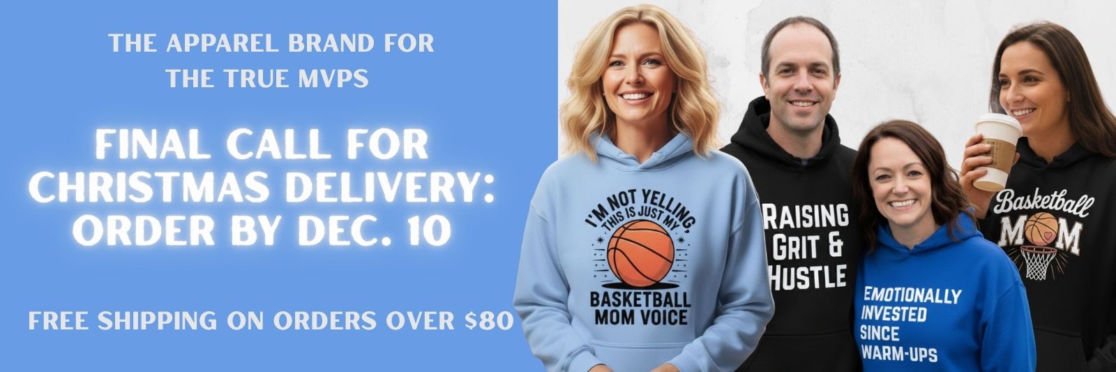 Promotional banner for an apparel brand with text and images of people wearing branded hoodies.