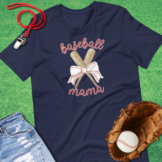 Baseball Mama Bats and Bows T-Shirt in Navy - Baseball Mom T-Shirt | Sideline Gods