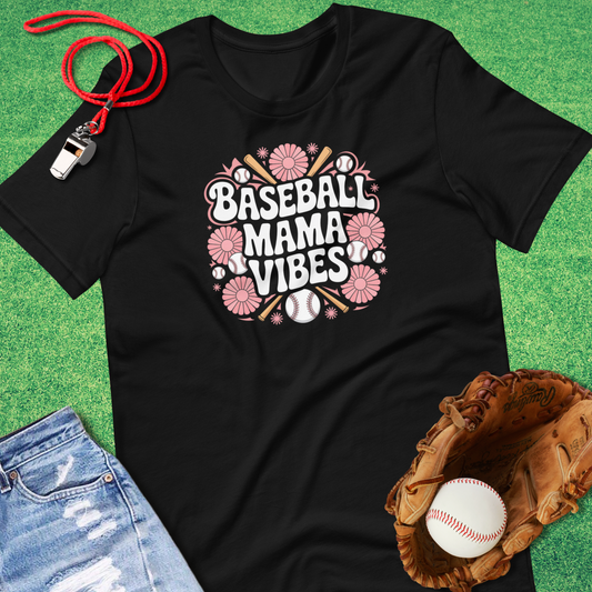 Baseball Mama Vibes Flower T-Shirt in Black - Baseball Mom T-Shirt | Sideline Gods